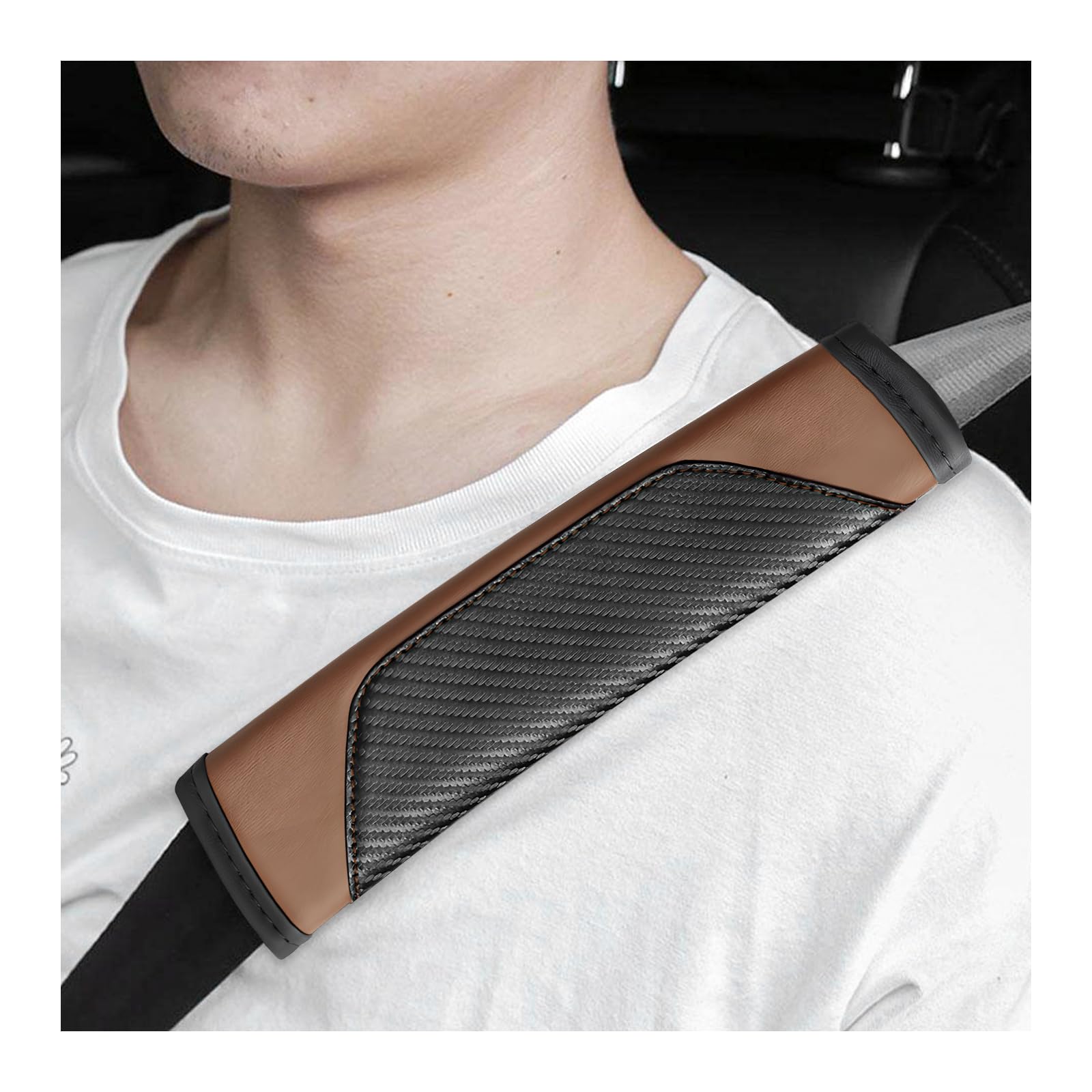 Sun Walker 2 PCS Car Seat Belt Cover, Carbon Fiber Soft Leather Auto Safety Belt Protective Cushion, Breathable Seatbelt Strap Pad for Protecting Your Neck &amp; Shoulder, Car Accessories (Coffee)