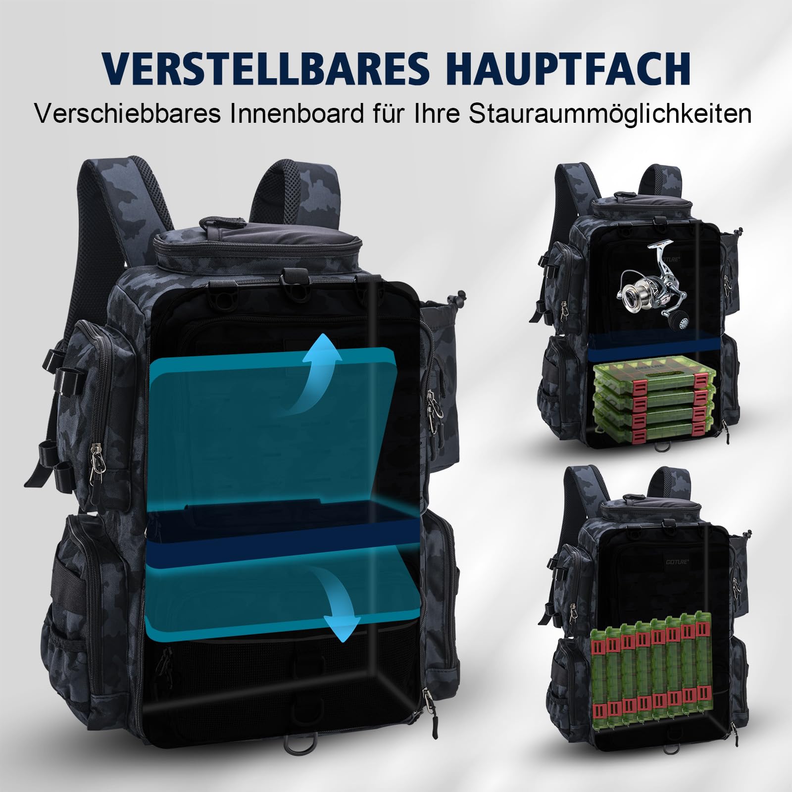 Goture Zaino da pesca, zaino per accessori da pesca con due supporti per canna e parapioggia, borsa per attrezzi da pesca impermeabile con scomparto regolabile e 8 tasche per esche, zaino da 45 litri