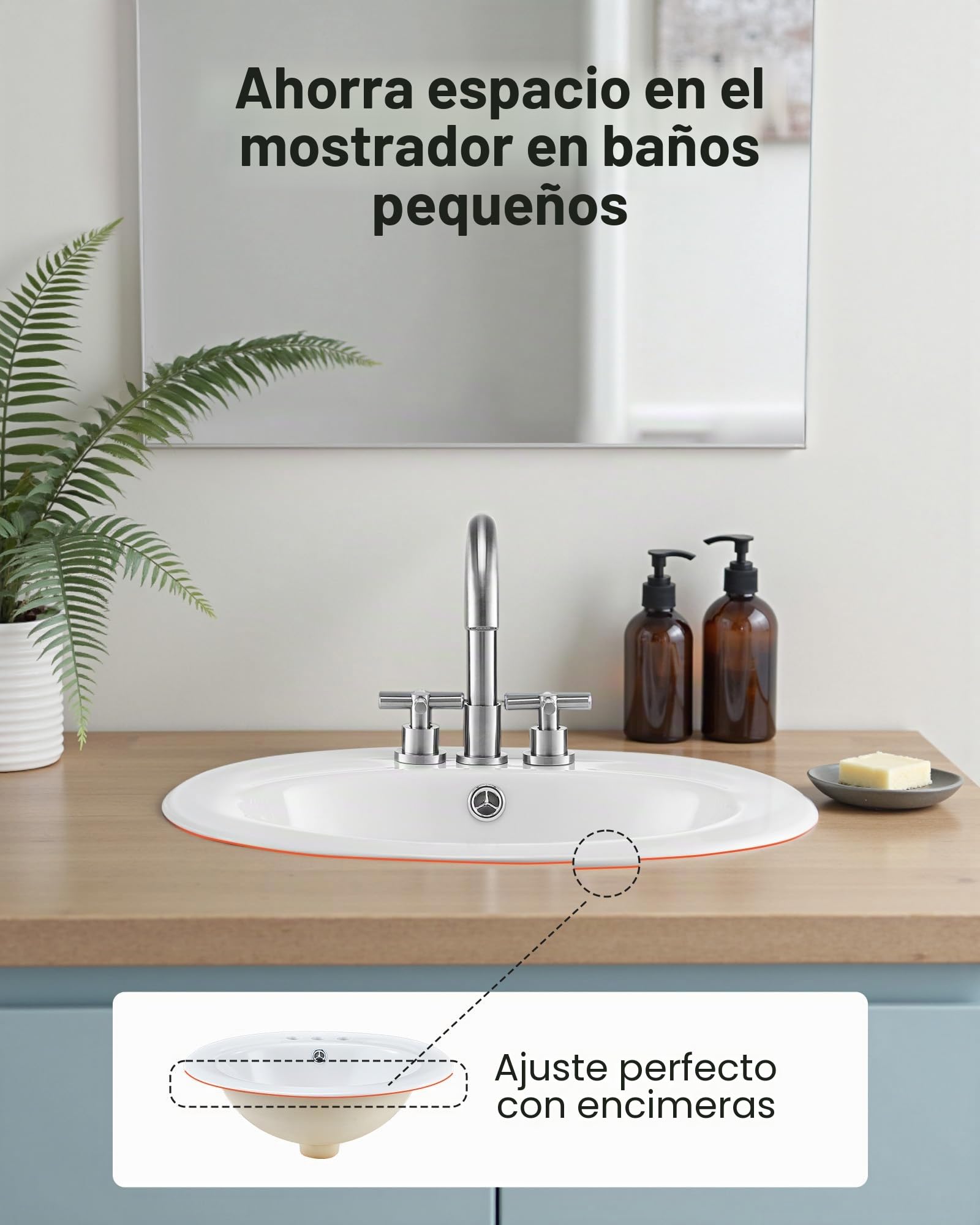 VEVOR Lavabo Semiencastrado de Encimera Ovalado, 485 x 425 x 190 mm, con Rebosadero y 3 Orificios para Grifo, Moderno Lavabo Empotrado para Cocina y Baño, con Protección Antiamarilleo, Blanco