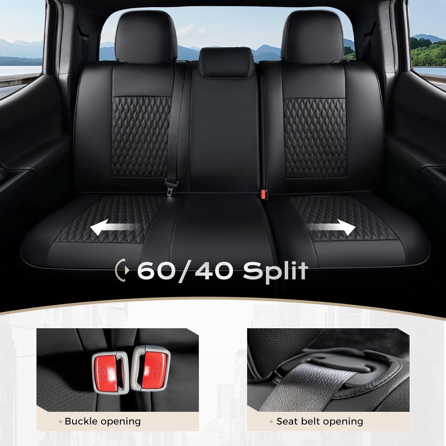 Coverado Tacoma Seat Covers Full Set, Faux Leather Custom Fit for 2005-2015 Toyota Tacoma Double/Crew Cab Base, PreRunner, SR5, Limited, TRD Sport, Front & Rear Seat Protection (Black)