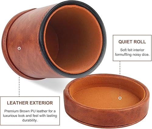 Miniatura 4 de Taza de dados de piel sintética marrón con tapa, taza de terciopelo interior silenciosa con 6 dados para juegos de dados mentirosos, FarkleYahtzee,
