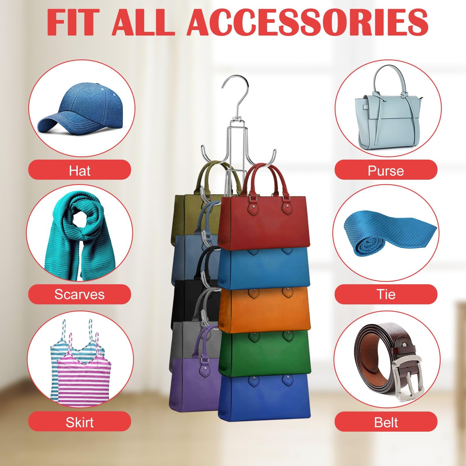 Percha para armario, organizador de metal plegable con 20 ganchos grandes (paquete de 2), rotación de 360° para un mejor organizador y exhibición, perchas plegables para bolsas que ahorran espacio