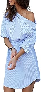 Simplee Apparel vestido de camisa a rayas dividido de un solo hombro, de manga media, para mujer