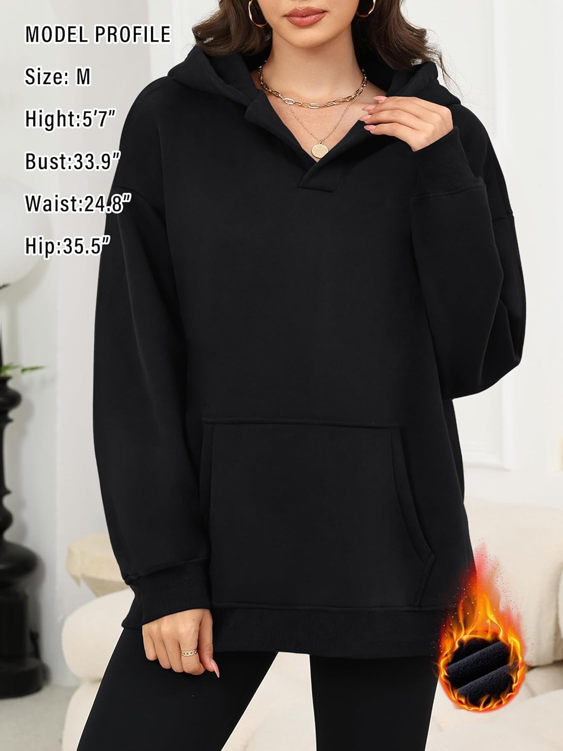 Elesomo Oversized Sweatshirts for Women, Fleece Hoodies, V Neck Sweat Shirt Long Sleeve Pullover Sweater (XL,Black) - Image 2