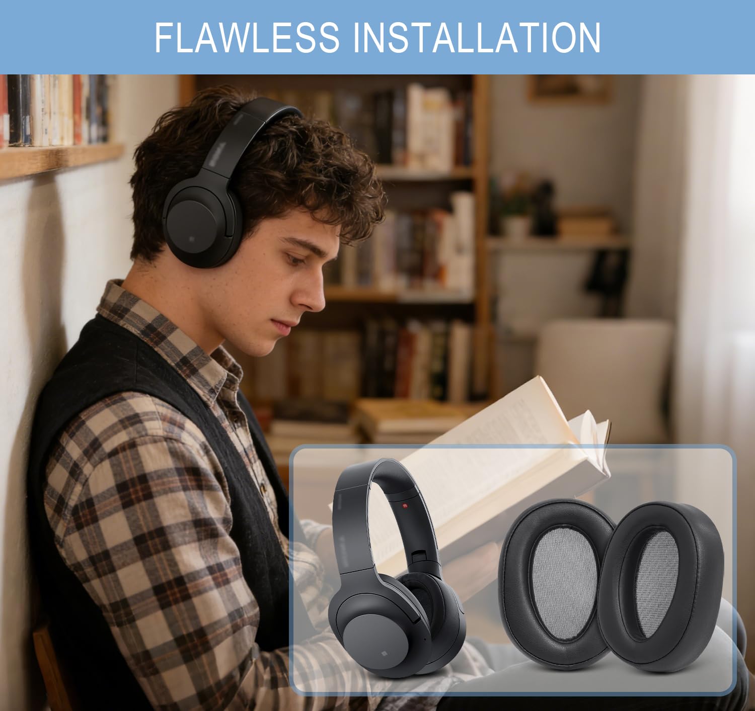 Almohadillas de repuesto para auriculares Sony WH-H900N/MDR-100ABN con piel proteica más suave, espuma viscoelástica de aislamiento de ruido superior, grosor añadido (negro)