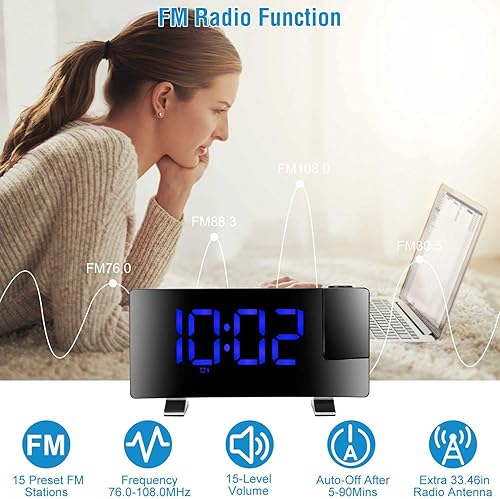 Miniatura 3 de iMounTEK Reloj despertador de proyección con función de radio, pantalla curvada de 7.7 pulgadas, reloj despertador digital multifuncional con