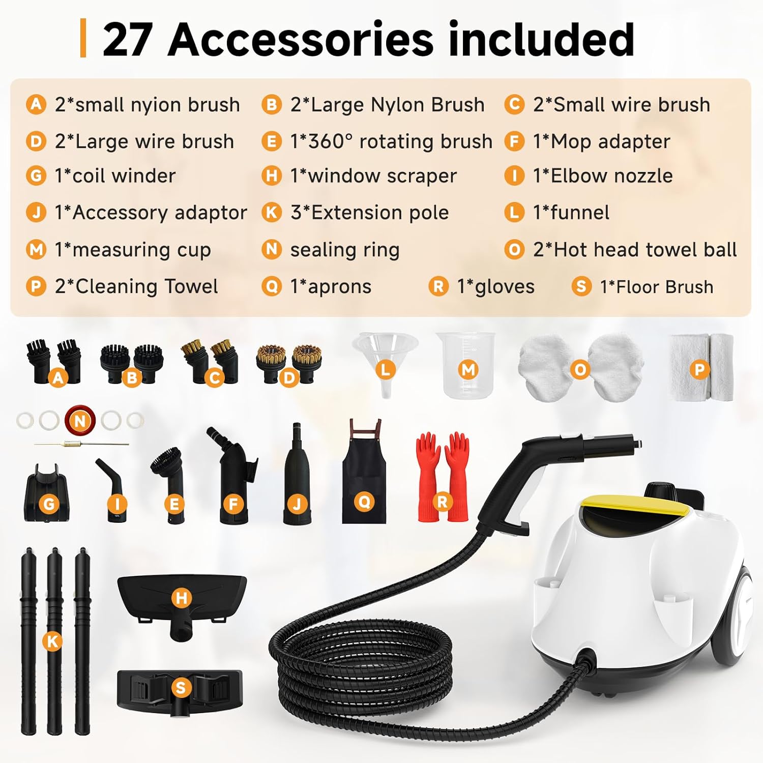 Steam Cleaner, with 27 Accessories, 2100W Portable Household Steamer, with 2.1L Tank and 6M Extra-Long Power Cord for Floor Cleaning,Tile, Carpet, Furniture, Upholstery, Grout, Kitchen, Car (white)