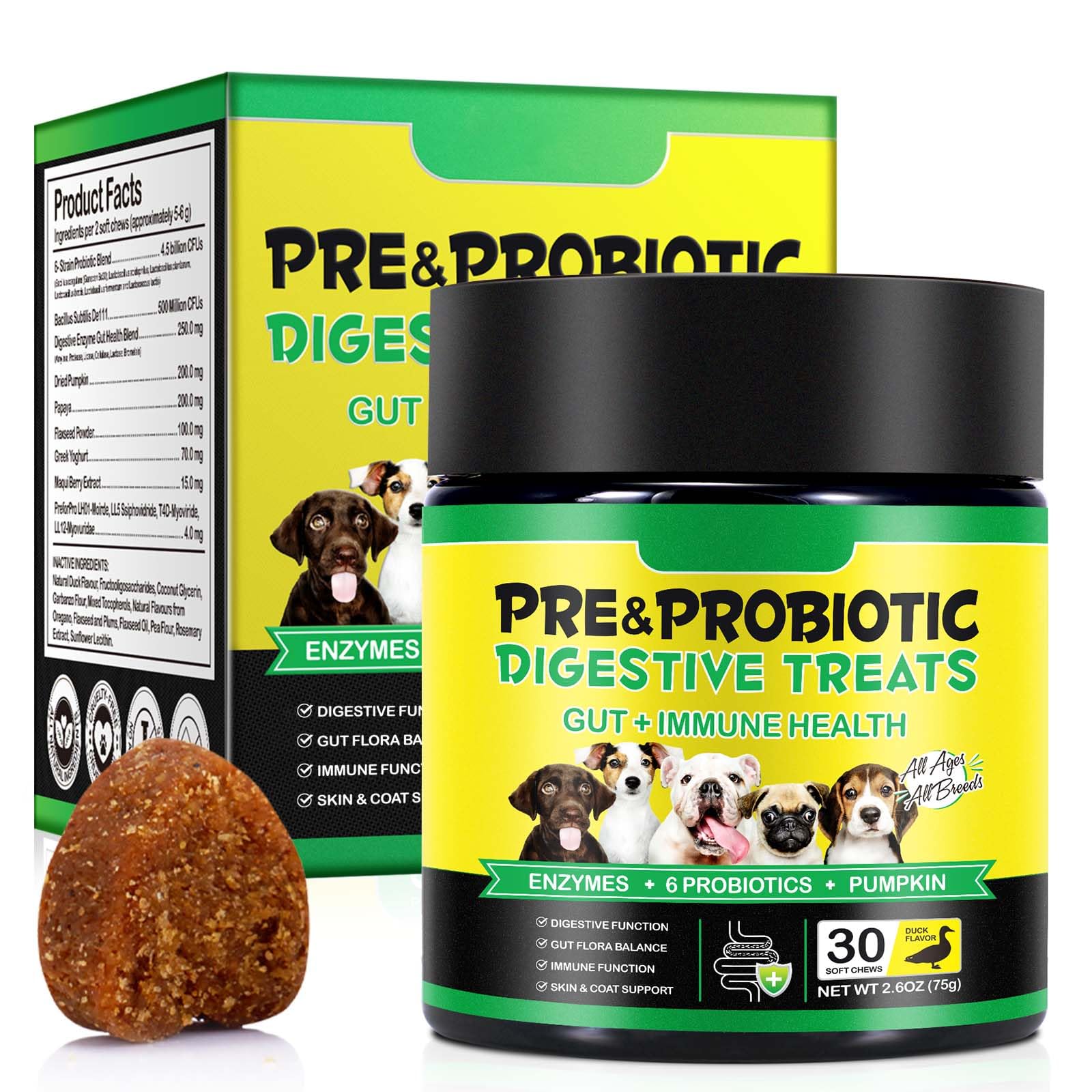 Probiotics for Dogs 30 Chews – Dog Probiotic Supplement with Digestive Enzymes & Prebiotics, Supports Gut Health, Immunity, Skin & Coat – Duck Flavored Soft Chews for All Breeds & Ages