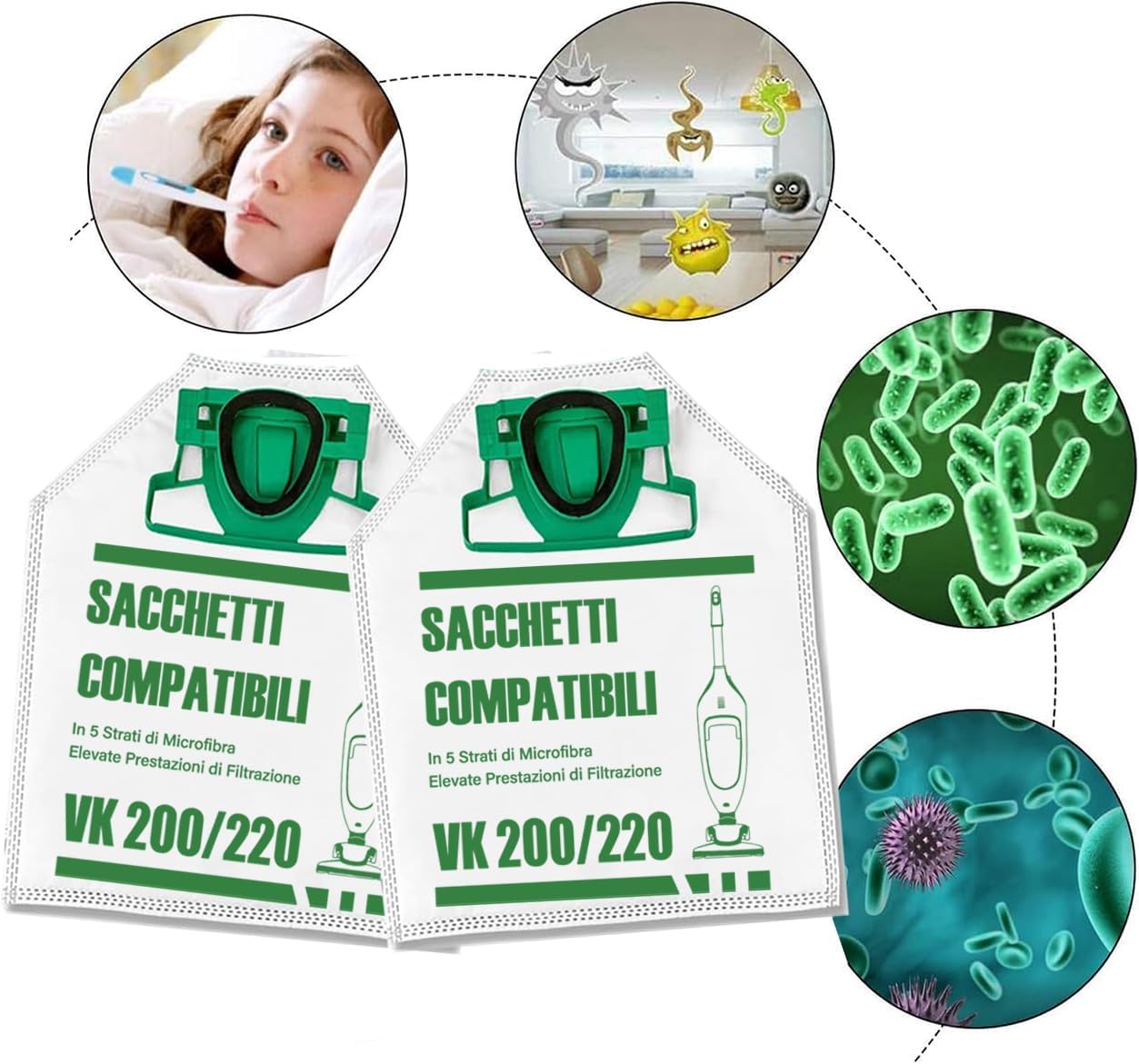 12 Sacchetti per Folletto VK200 VK220 VK220S con Filtri (12pz sacchetti)