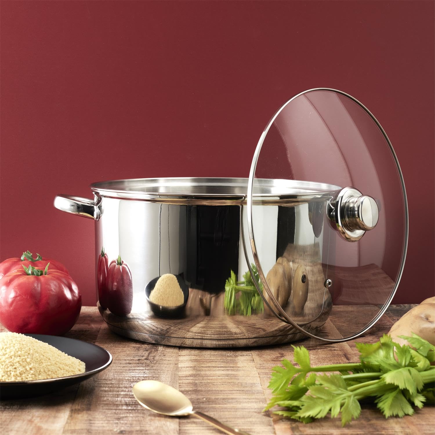 Olla de acero inoxidable de 10 litros, diámetro de 37,5 x 29,4 cm, acero inoxidable con tapa de cristal, apta para inducción y todo tipo de fuentes de calor, color plateado