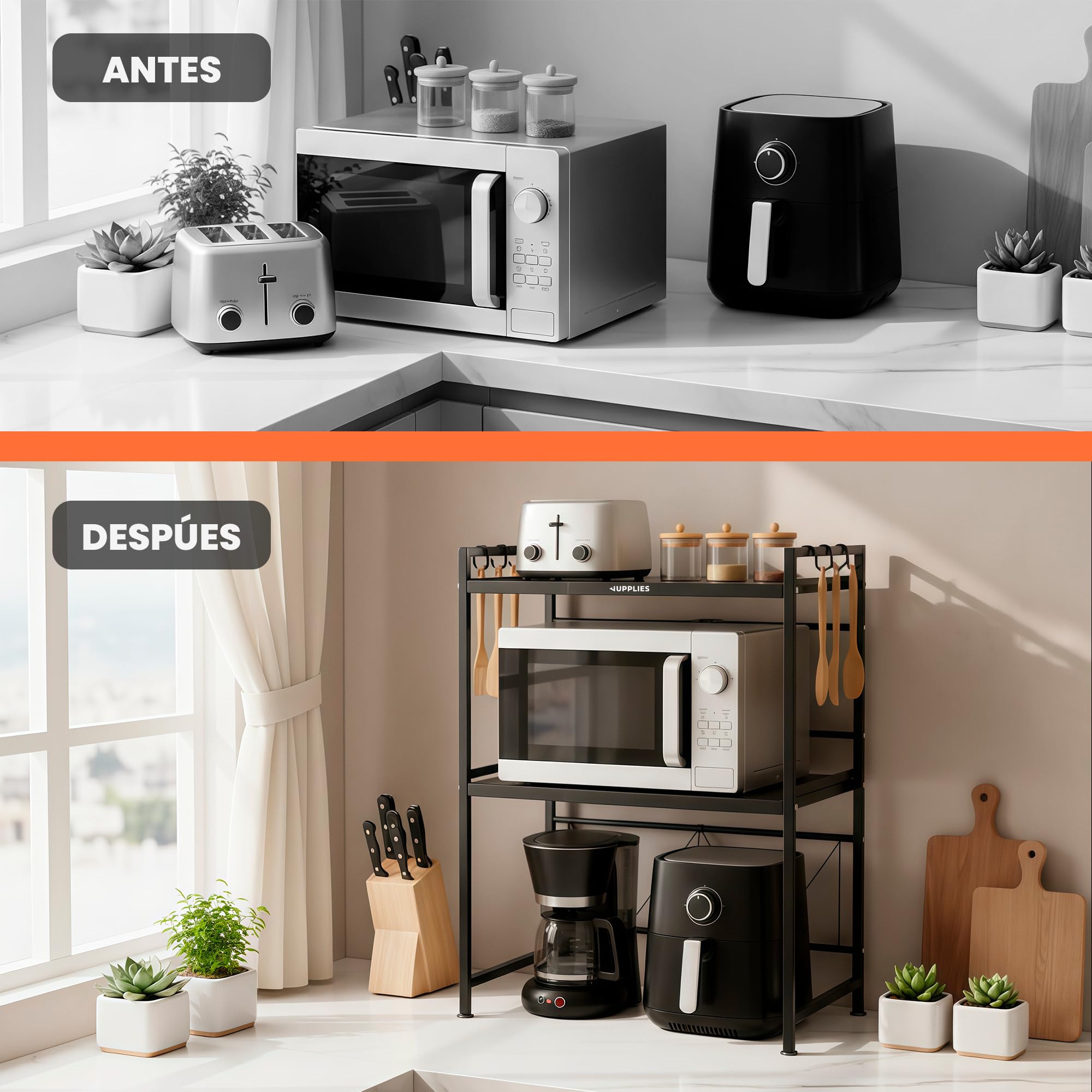 JUPPLIES Soporte Microondas 77,5×39×36,2 cm – Estantería Microondas Extensible 39–60 cm – Mueble Microondas Cocina de Acero Antióxido con 8 Ganchos – Estante Reforzado de Alta Capacidad para Encimera — view 7