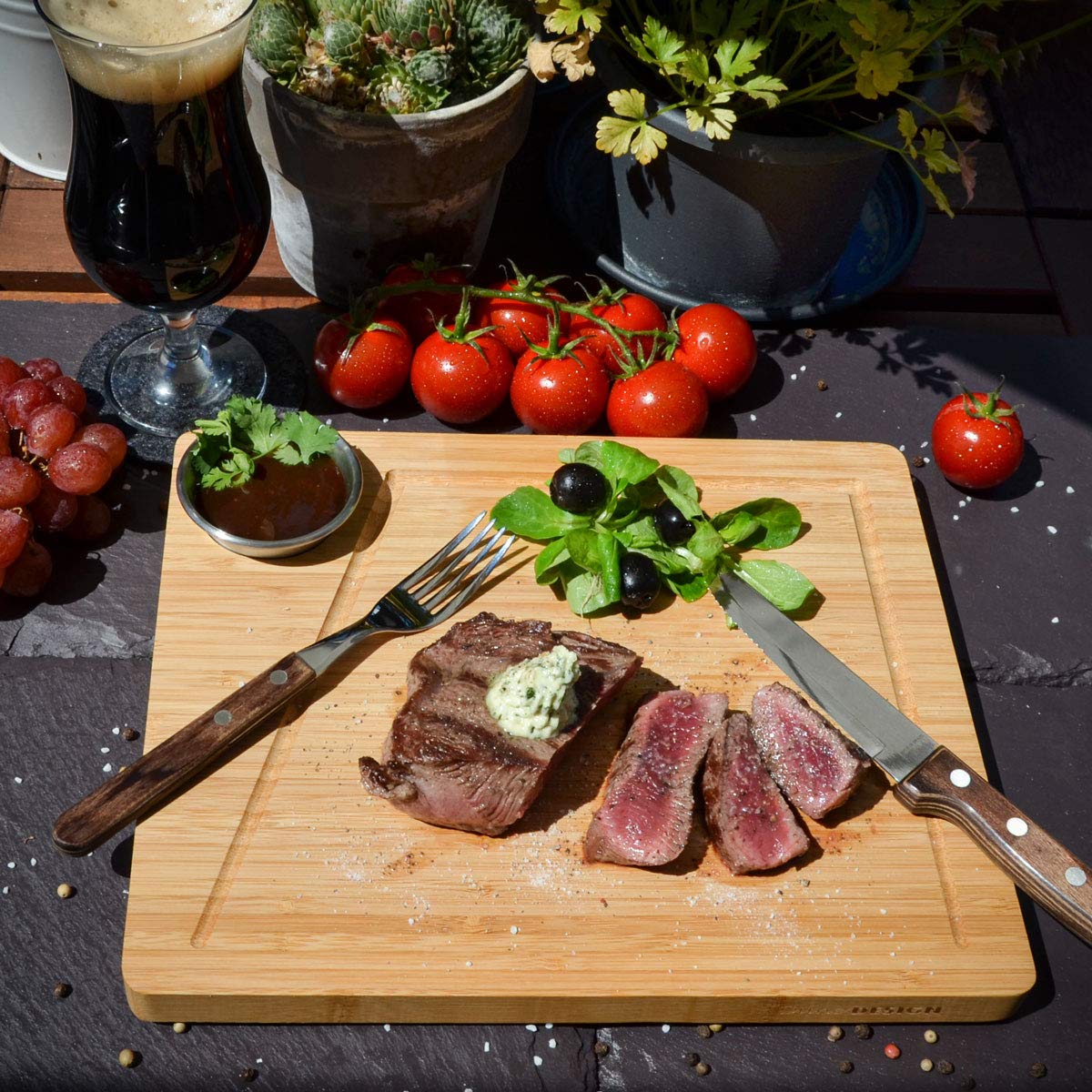 DuneDesign Lot de 4 - Planche de Service Bambou et Bol à Sauce - 30x25cm Assiette à Steak en Bois