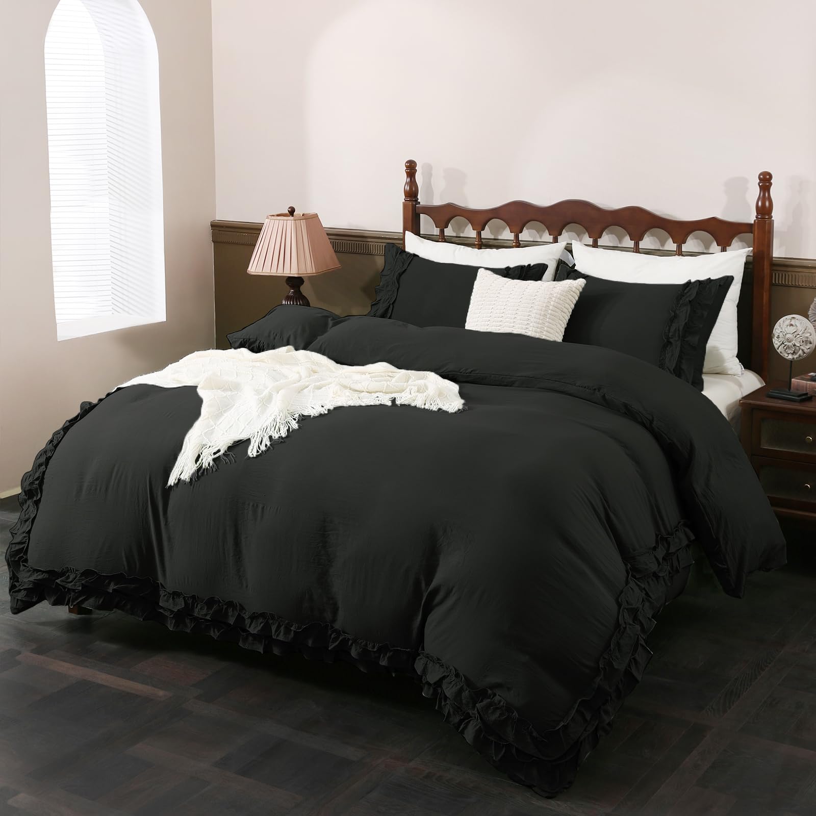 Herside Ruffled Bedding Set King Solid Black Duvet Cover Set Luxury Cute Bedding Cover Home Decor Reversible Easy Care Bedding Sets for Girls Adult - Image 2