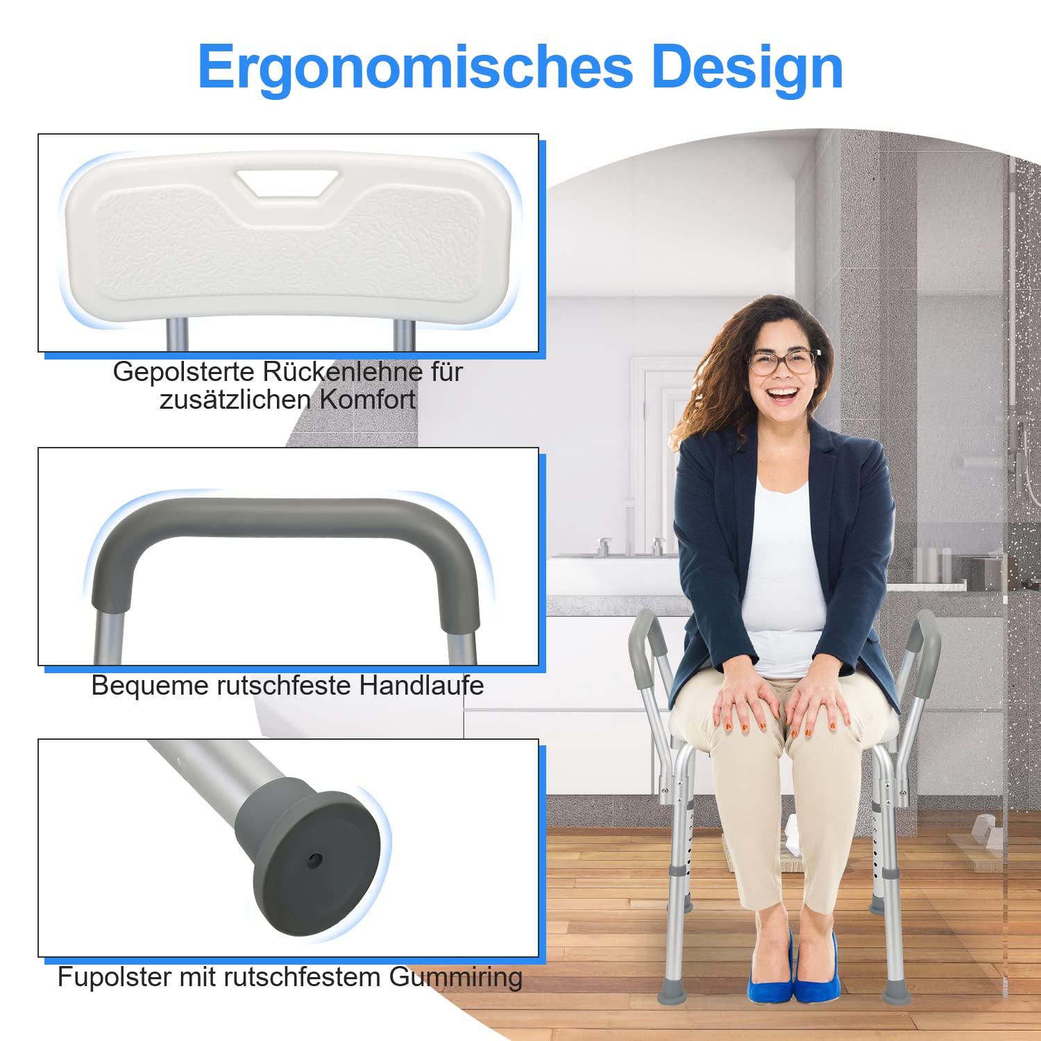 Ikodm - Sgabello da doccia in alluminio, regolabile in altezza, antiscivolo, con braccioli e schienale, per persone che necessitano di assistenza e cure