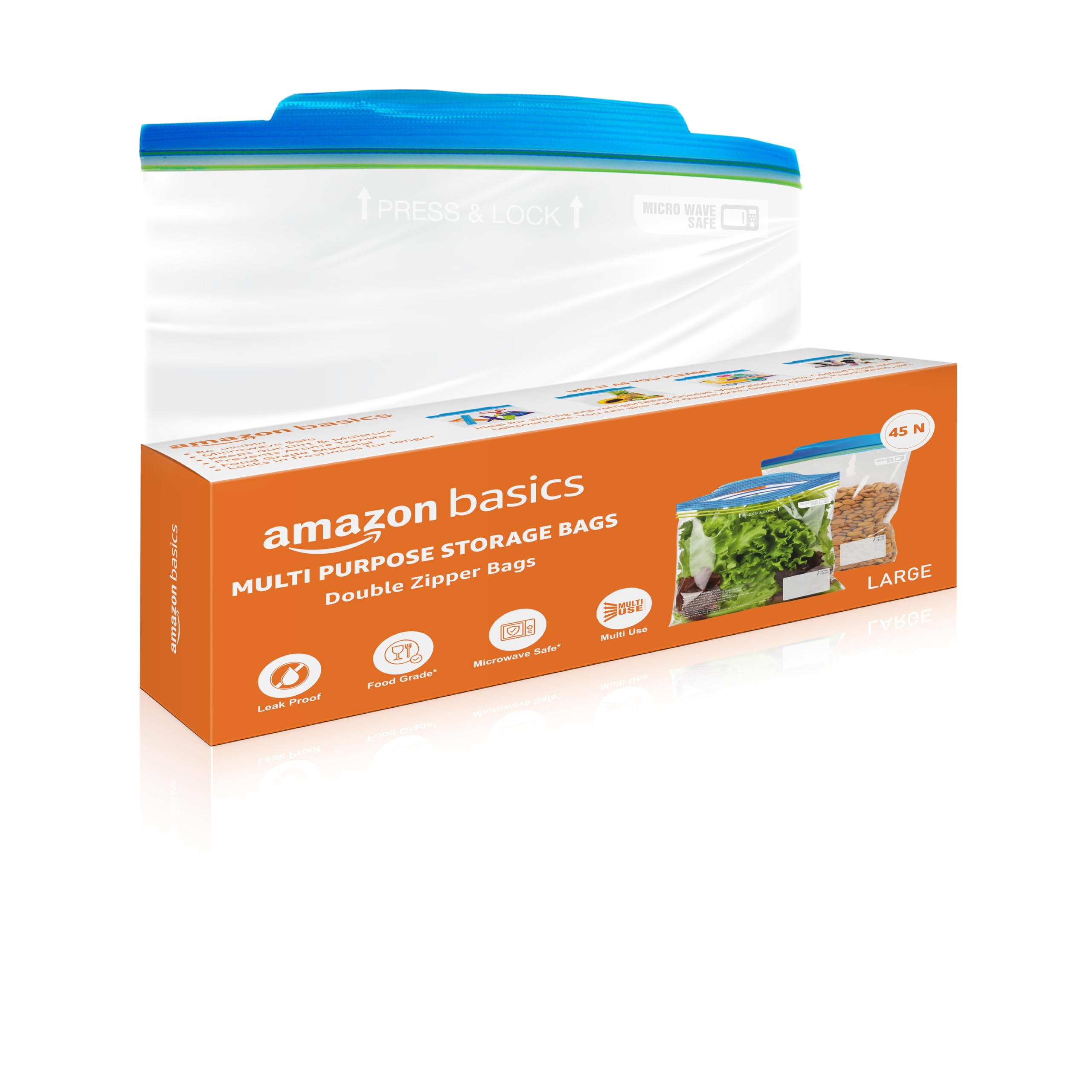 - Multipurpose Zip Lock Storage Bags | 45 Count | Large | 31 x 35 cm | Reusable and Reclosable with Double Zipper | Material Plastic | Leak- Proof | Food Grade | Microwave Safe