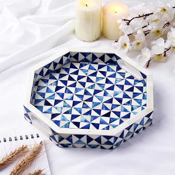 Handicrafts Home 12 Ory Octagon Bone Inlay Tray Blue White Decorative Tray Coffee Table Ottoman Serving Tray Handmade Centerpiece for Living Room Dining Display