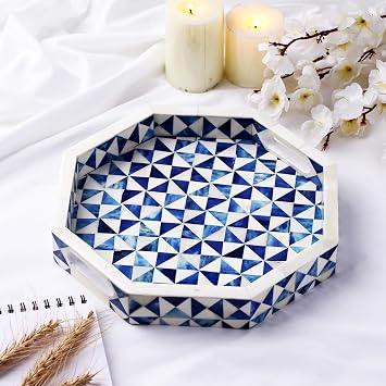 Handicrafts Home 12 Ory Octagon Bone Inlay Tray Blue White Decorative Tray Coffee Table Ottoman Serving Tray Handmade Centerpiece for Living Room Dining Display