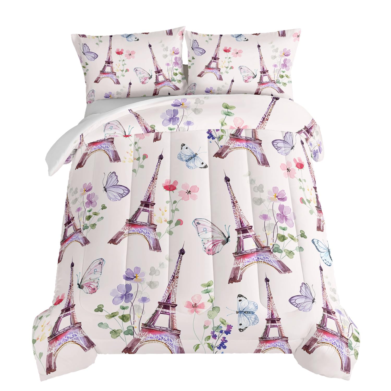 HOSIMA French Bedding Eiffel Tower Comforter with 2 Pillowcases,Butterfly Floral Comforter Romantic Paris Themed Bedroom Decor Bed in a Bag Queen