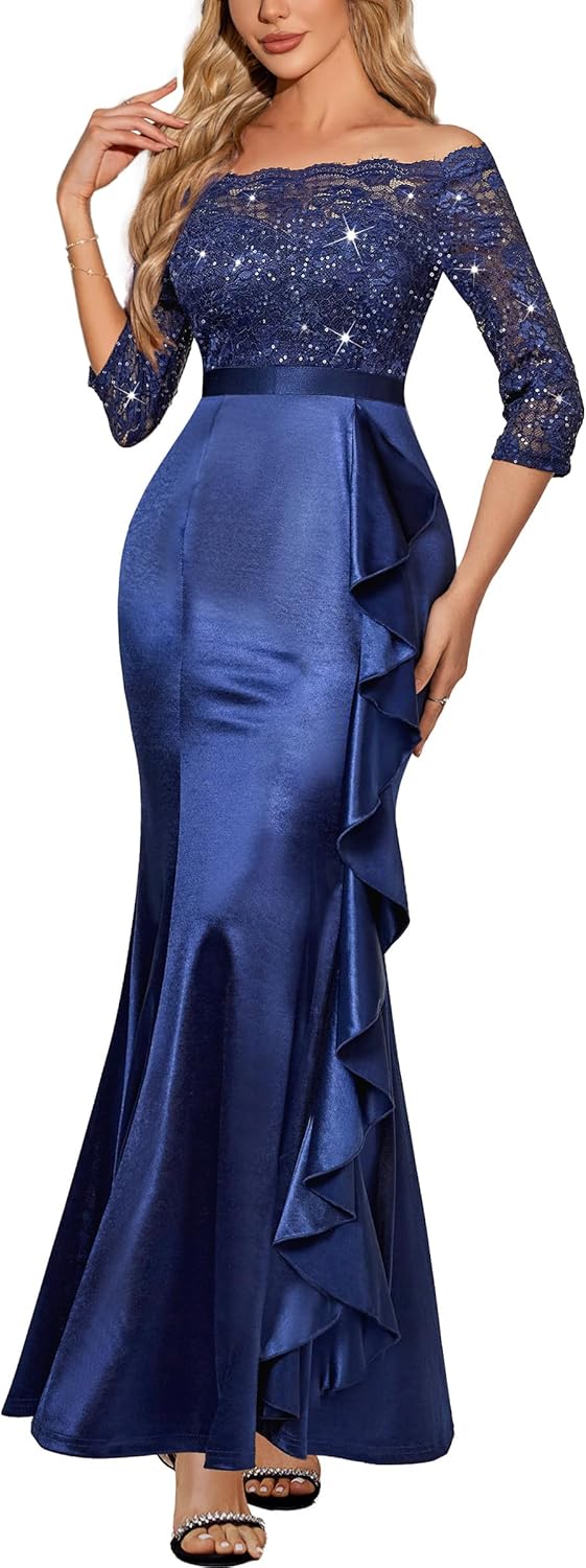 MISSMAY Women's Sexy Off Shoulder Floral Lace Formal Wedding Party Maxi Dress