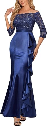 MISSMAY Womens Off Shoulder Floral Lace Formal Wedding Party Maxi Dress