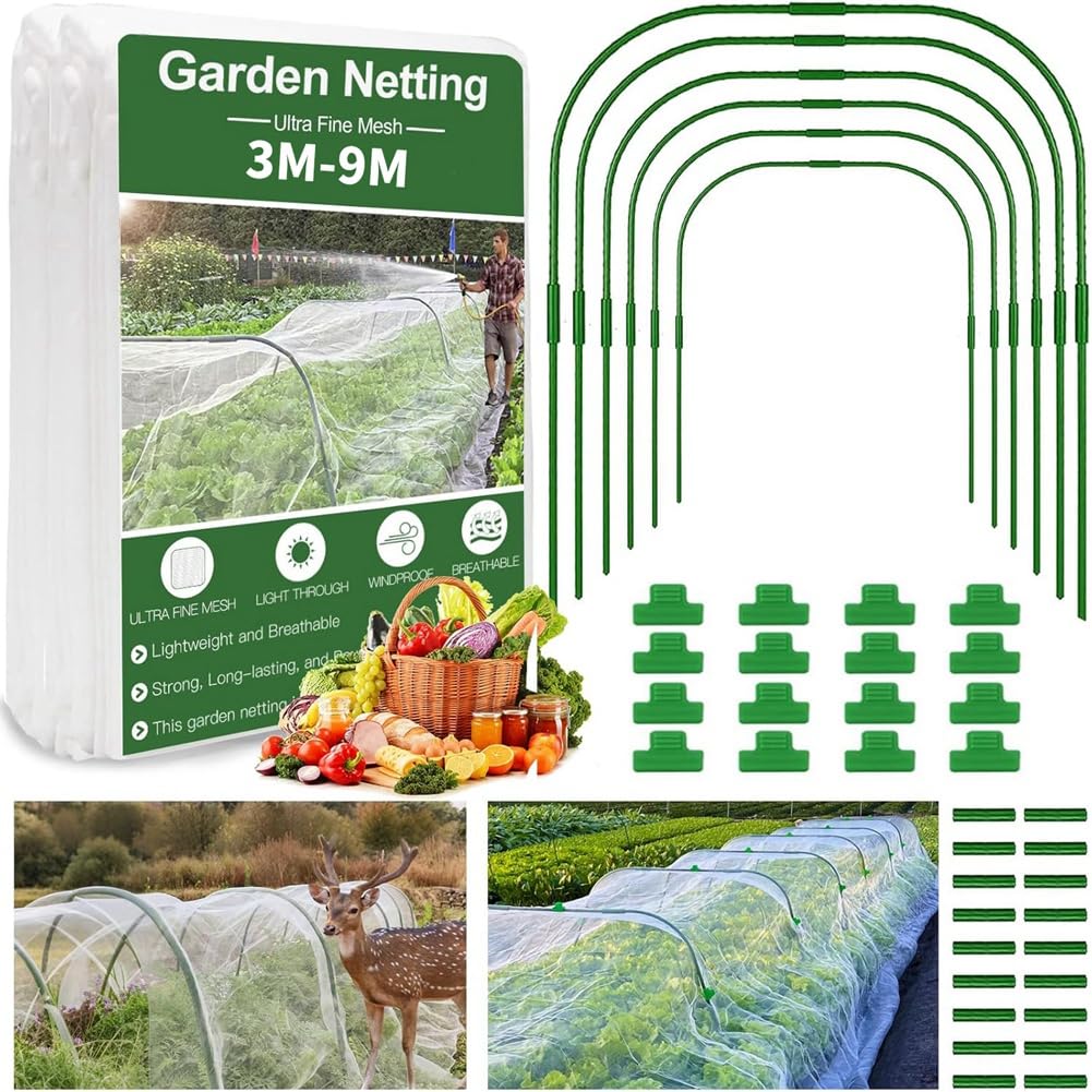 Aundhegrtt Mesh Netting Kit, 3x9M Garden Ultra Fine Netting Hoops Plants Cover for Raised Beds for Vegetables Fruits