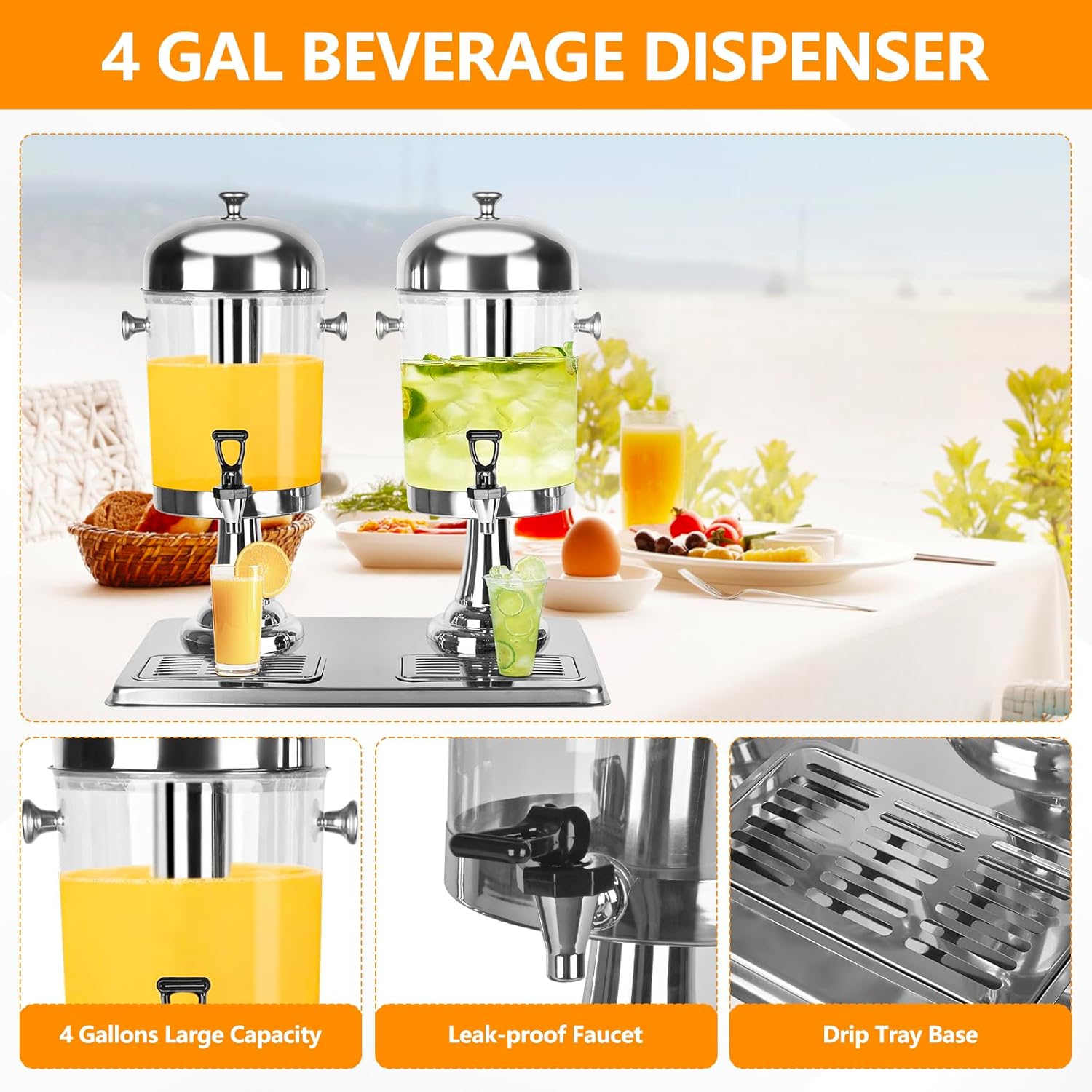 Drink Dispenser with Stand, 4.2 Gallon Beverage Dispenser for Parties, Stainless Steel Dual-Head Juice Dispenser with Centre Ice Core and Drip Trays for Parties, Buffet Cafeterias, Homes - Image 3