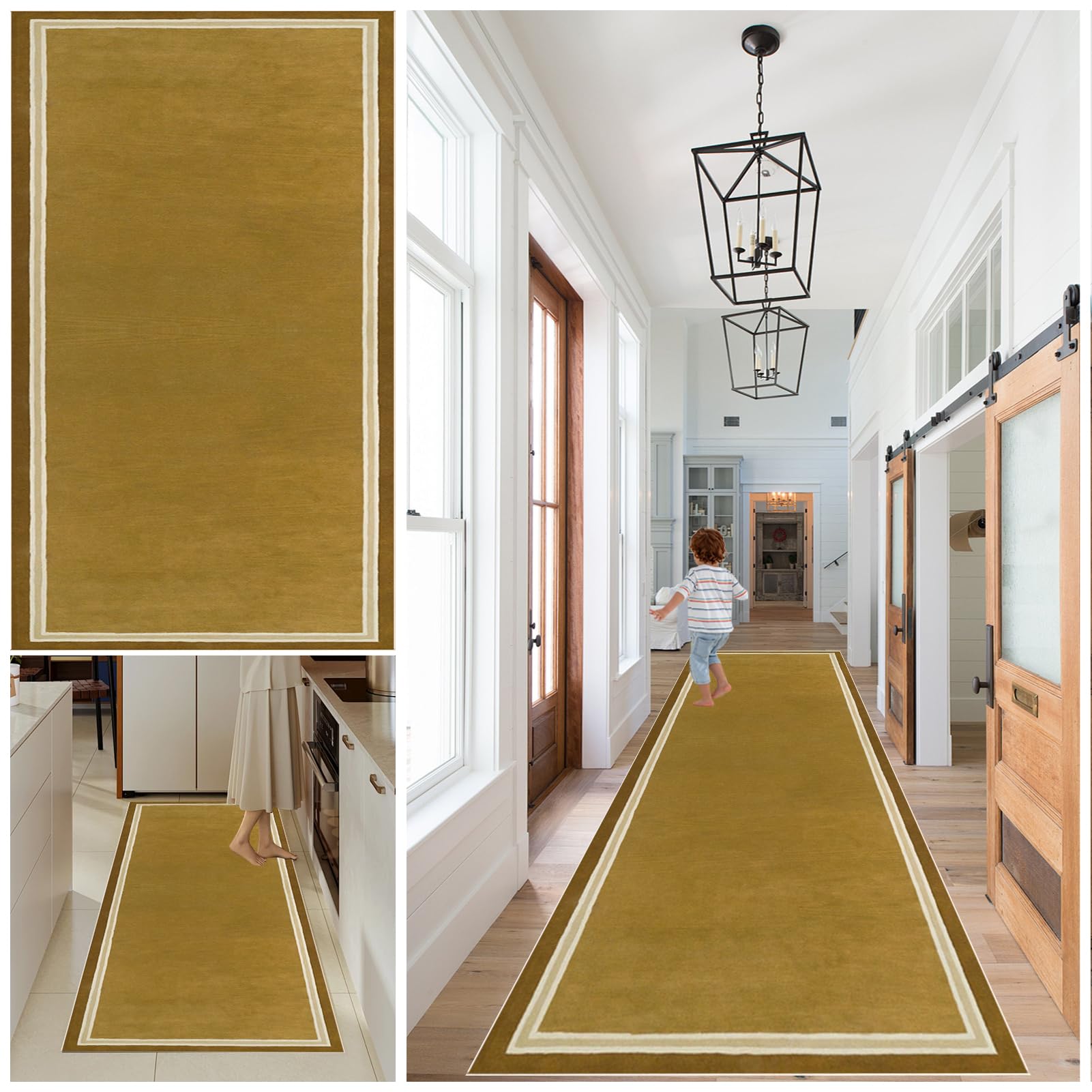 Qemgrste Runner Rug for Hallway, Non Slip, Washable, 100 x 380 cm, Gold