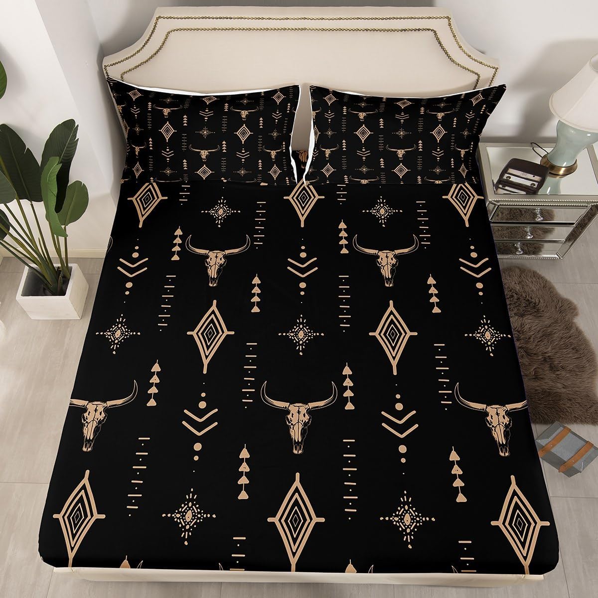Erosebridal Bull Skull Bed Sheets Full Western Fitted Sheet for Adults Men Women Bohemian Ethnic Cow Head Sheets Geometric Aesthetic Art Room Decor Tribal Horns Black Bedding Set