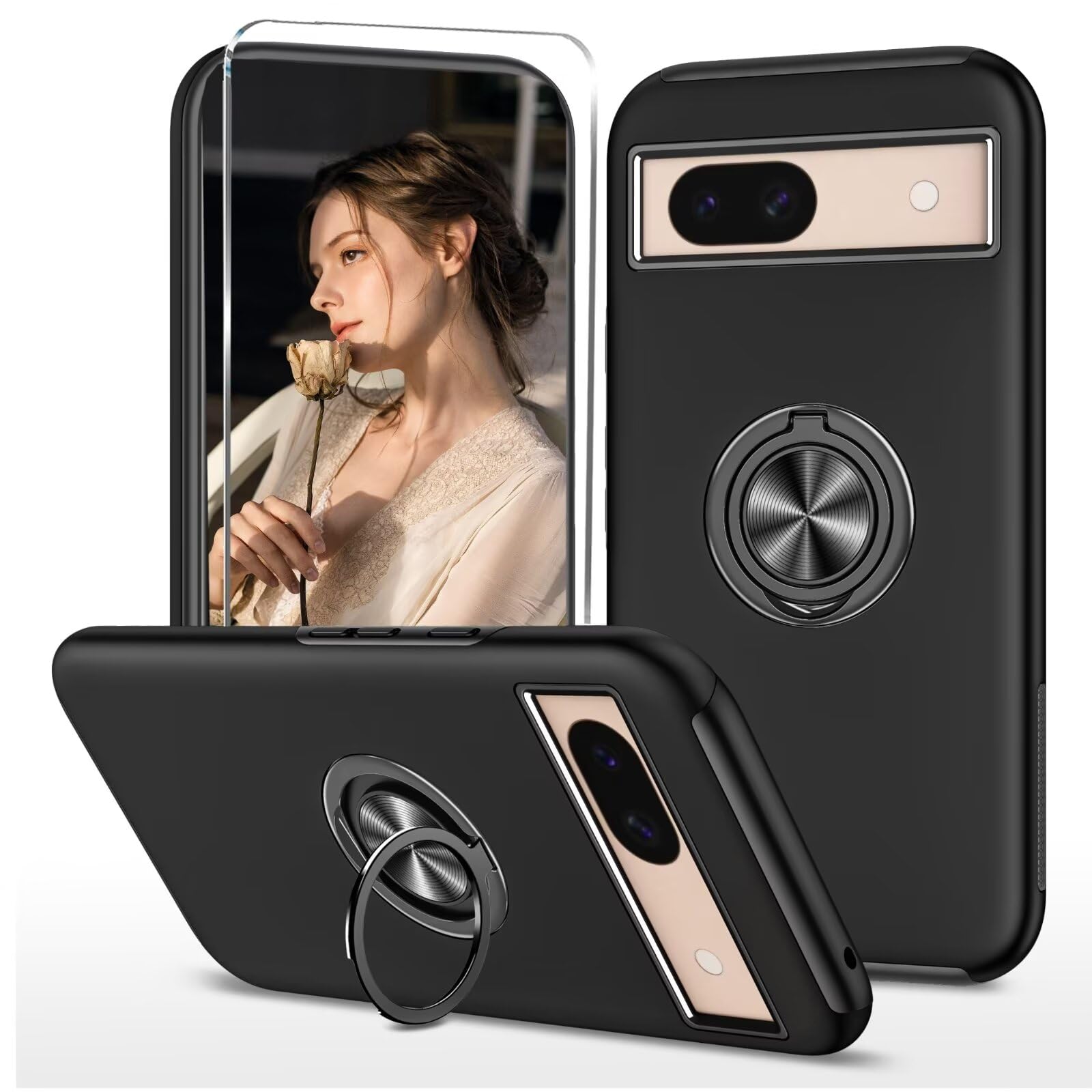 Slim Case for Google Pixel 8A, Armor Hard PC Anti-Shock Protective Case with 360° Metallic Ring Holder, 1 x Tempered Glass Screen Protector, Black