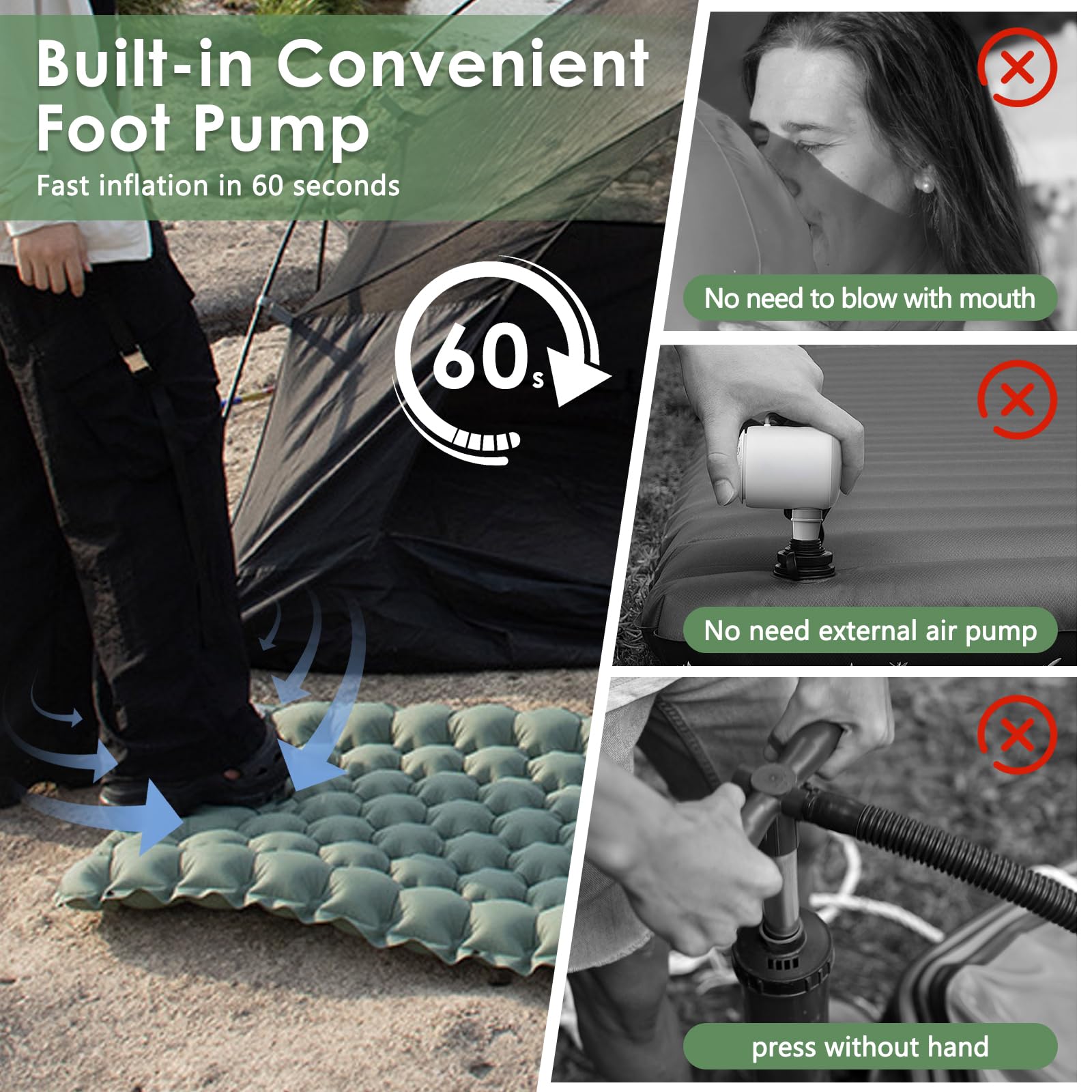 Matelas Gonflable, Matelas de Camping Autogonflant, Matelas Camping Portable, Matelas Pneumatique Ultraléger avec Pompe à Pied et Oreiller, 195cm x 60cm x 5cm, pour Extérie, Voyage (Vert)