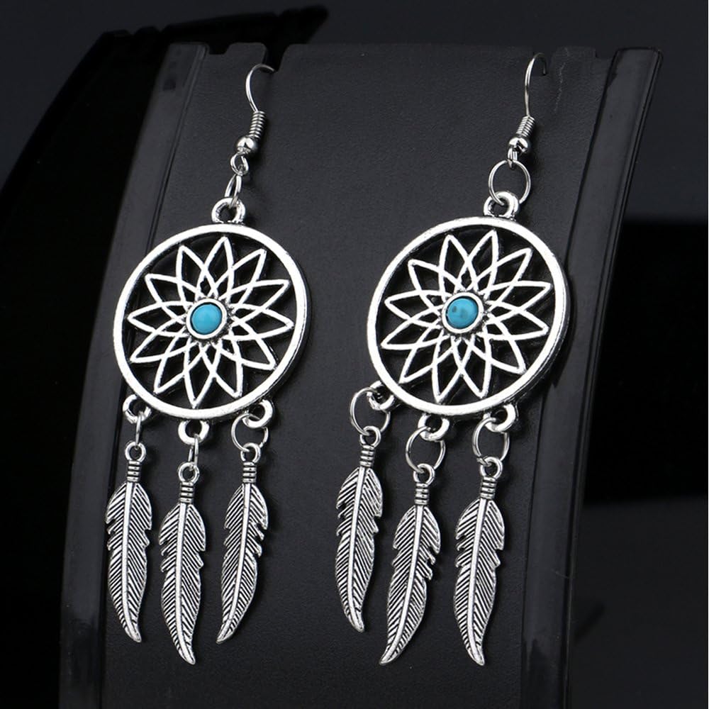 lauhonmin 3pcs Women Retro Silver Turquoise Feather Dream Catcher Pendant Necklace Earrings Set Family Friend Gifts - Image 5