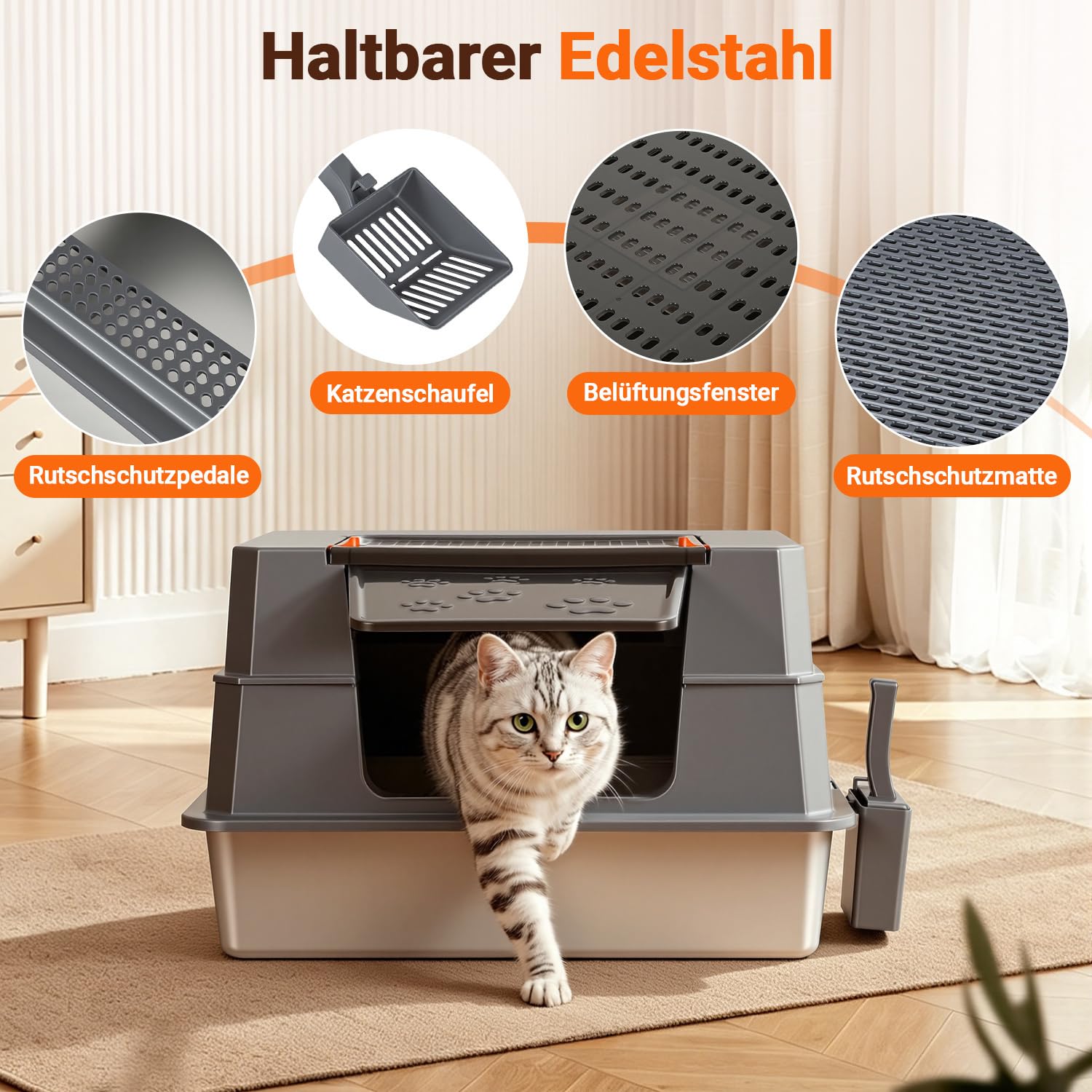 Edelstahl Katzenklo XXXL mit Deckel,70 x 50 x 43 cm,Grau