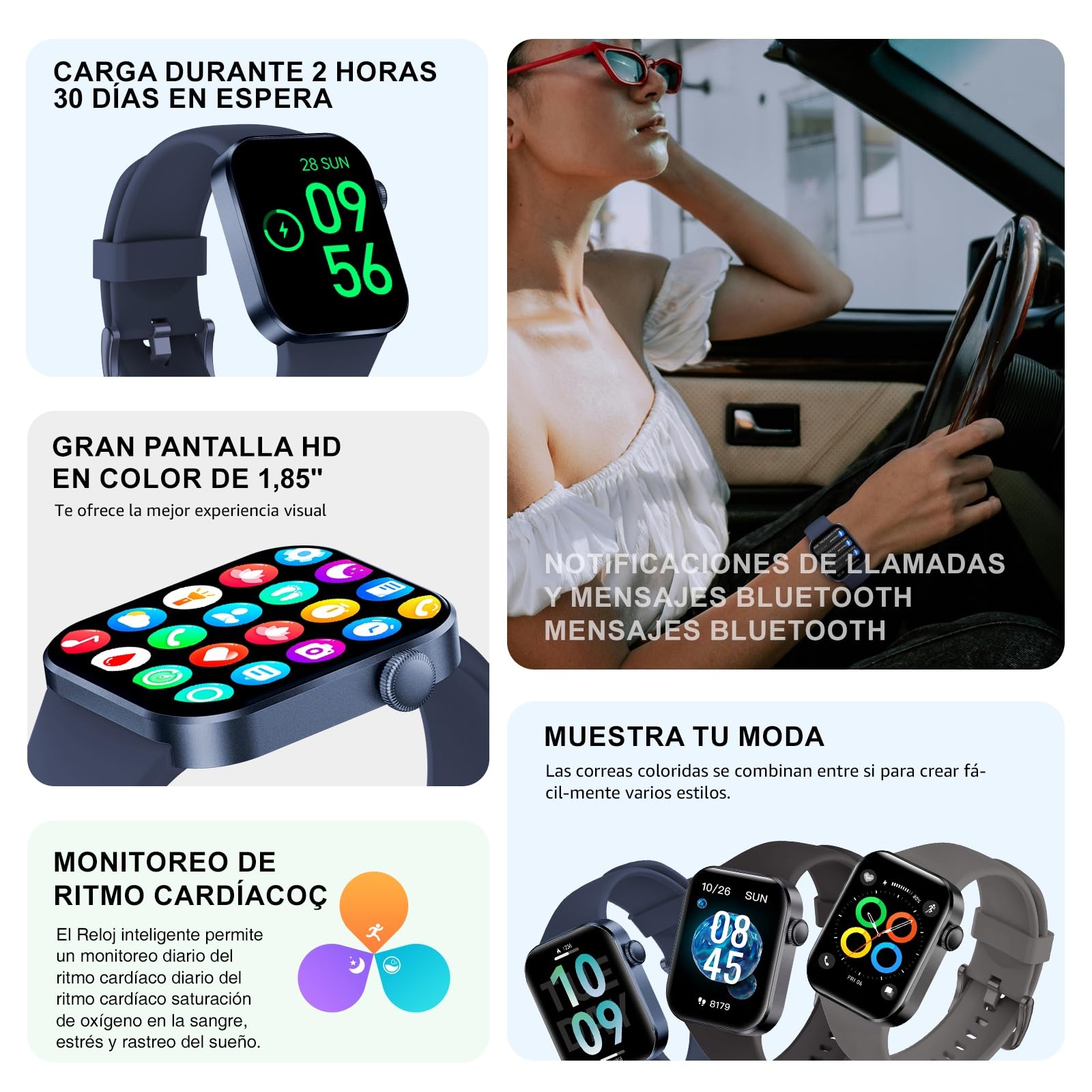 Reloj Inteligente Mujer Hombre, 1.85" Smartwatch con Llamadas Bluetooth, 140+ Modos Deportivos Smart Watch con SpO2/Pulsómetro/Monitor de Sueño/Podómetro, Impermeable IP68 Smart Watch Para Android iOS