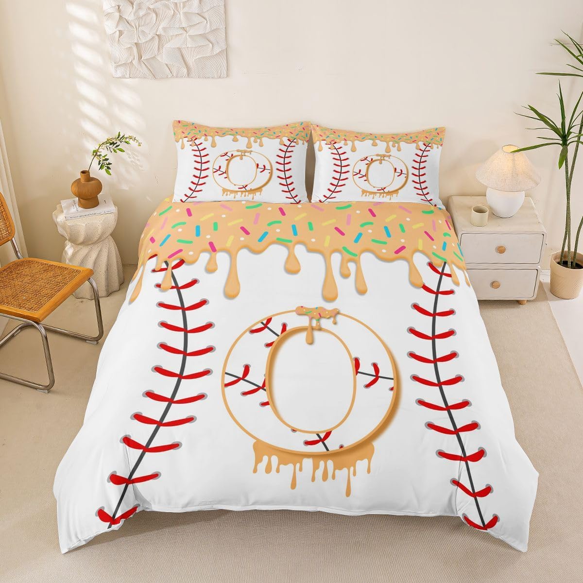 jejeloiu Baseball Ice Cream Duvet Cover Toddler Size Initial Letter K Bedding Set Breathable Soft Yellow Ice Cream Comforter Cover 2Pcs Game Sports Bedroom Decor