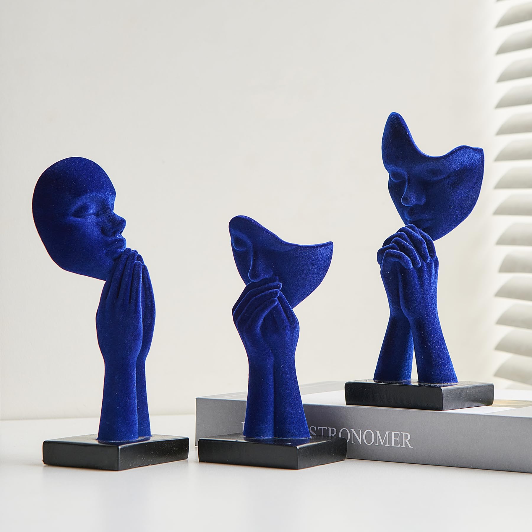 3 Pcs Navy Blue Decor Prayer Statues for Living Room Decor, Flocked Prayer of Peace Figurines Shelf Decor Accents, Abstract Sculptures for Bedroom