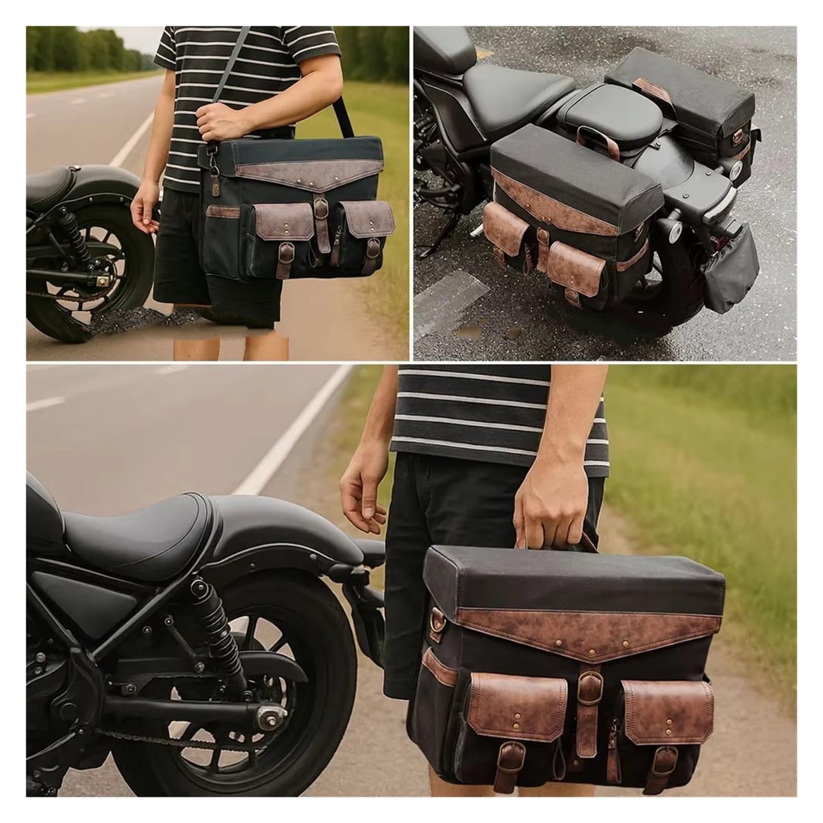 Borsa Posteriore Moto Borse Laterali Per Moto Tela Cerata Retrò 36 Litri Con Copertura Antipioggia Universale Per Sella Touring Cruiser Cafe