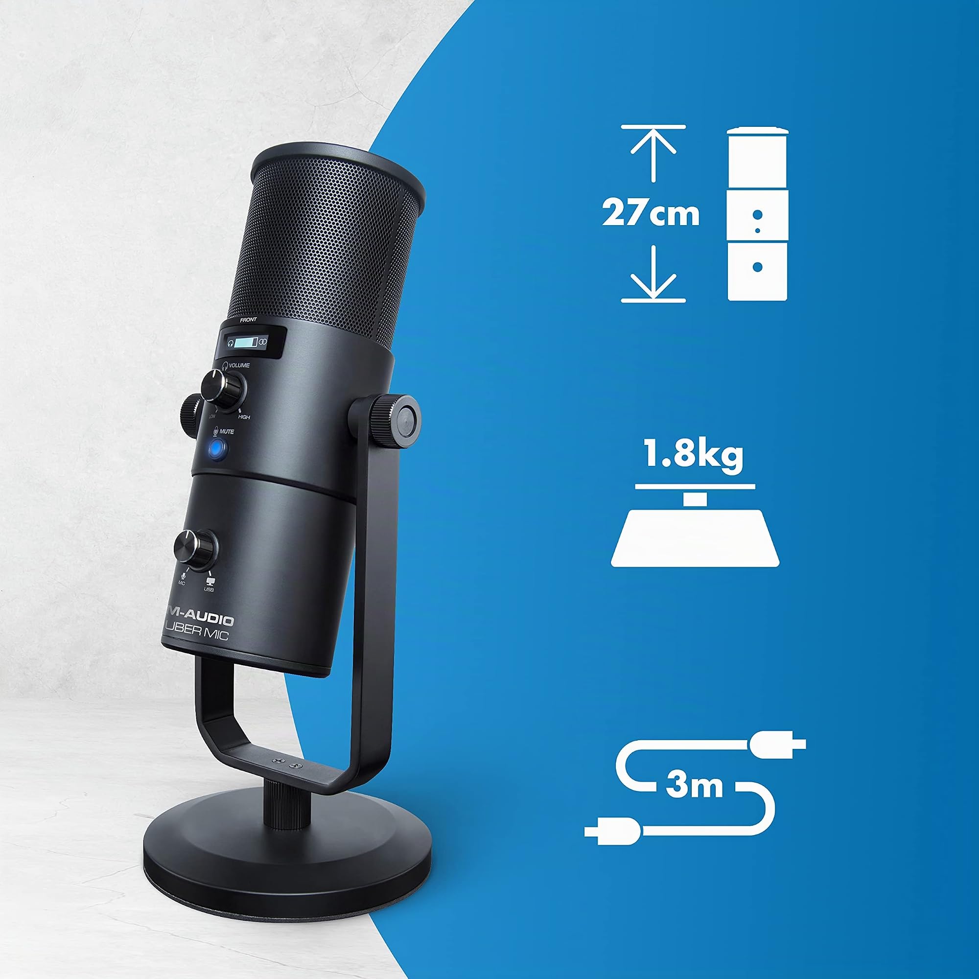M-Audio Uber Mic - micrófono de Condensador USB, para Gaming y Streaming en PC, Podcast, grabaciones, con 4 Patrones Polares, Mute y Salida de Auriculares