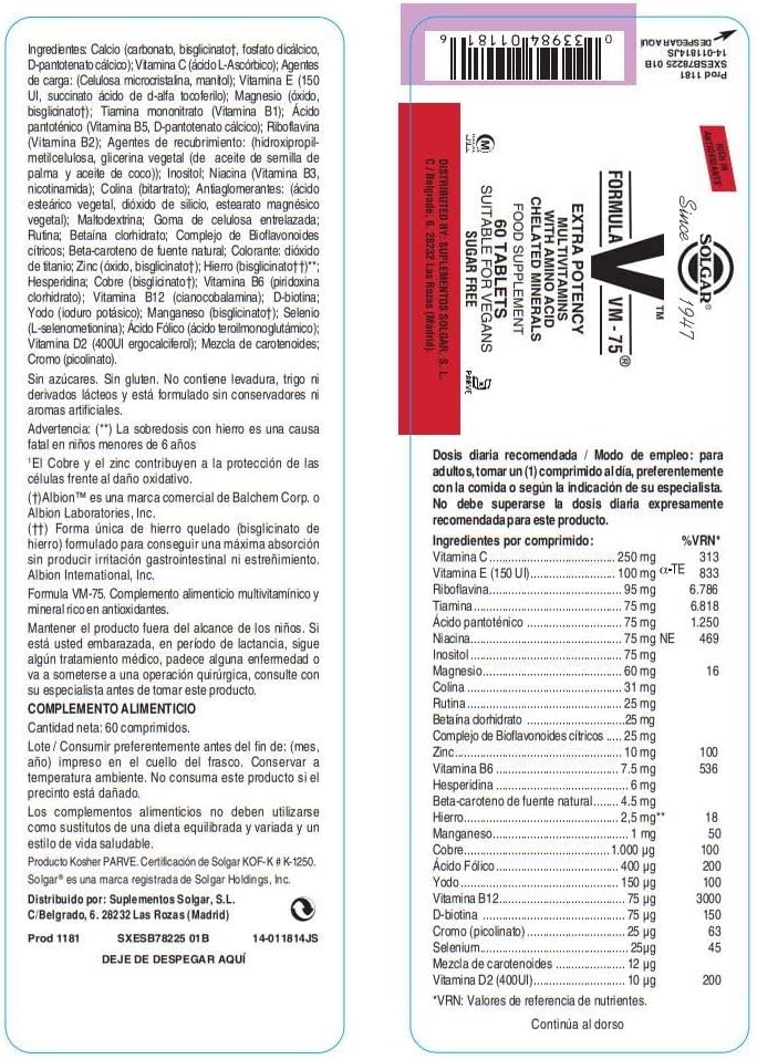 Solgar Formula VM-75, 60 Tablets - Multivitamin with Chelated Minerals - Vitamin A, B6, B12, C, D, E - Biotin, Magnesium, Calcium, Iron, Zinc - Vegan, Gluten Free, Dairy Free, Kosher - 60 Servings