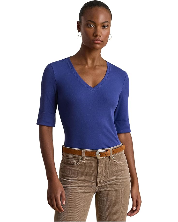 Lauren Ralph Lauren Stretch Cotton Elbow-Sleeve V-Neck Tee - Main View