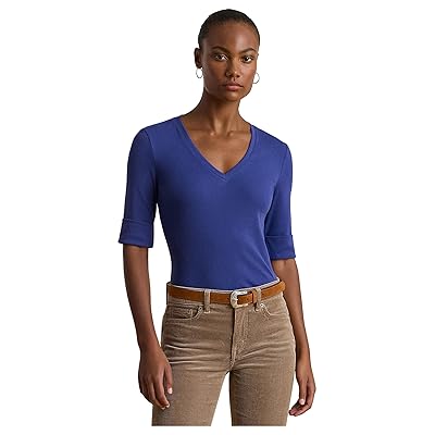 Lauren Ralph Lauren Stretch Cotton Elbow Sleeve V Neck T Shirts Women