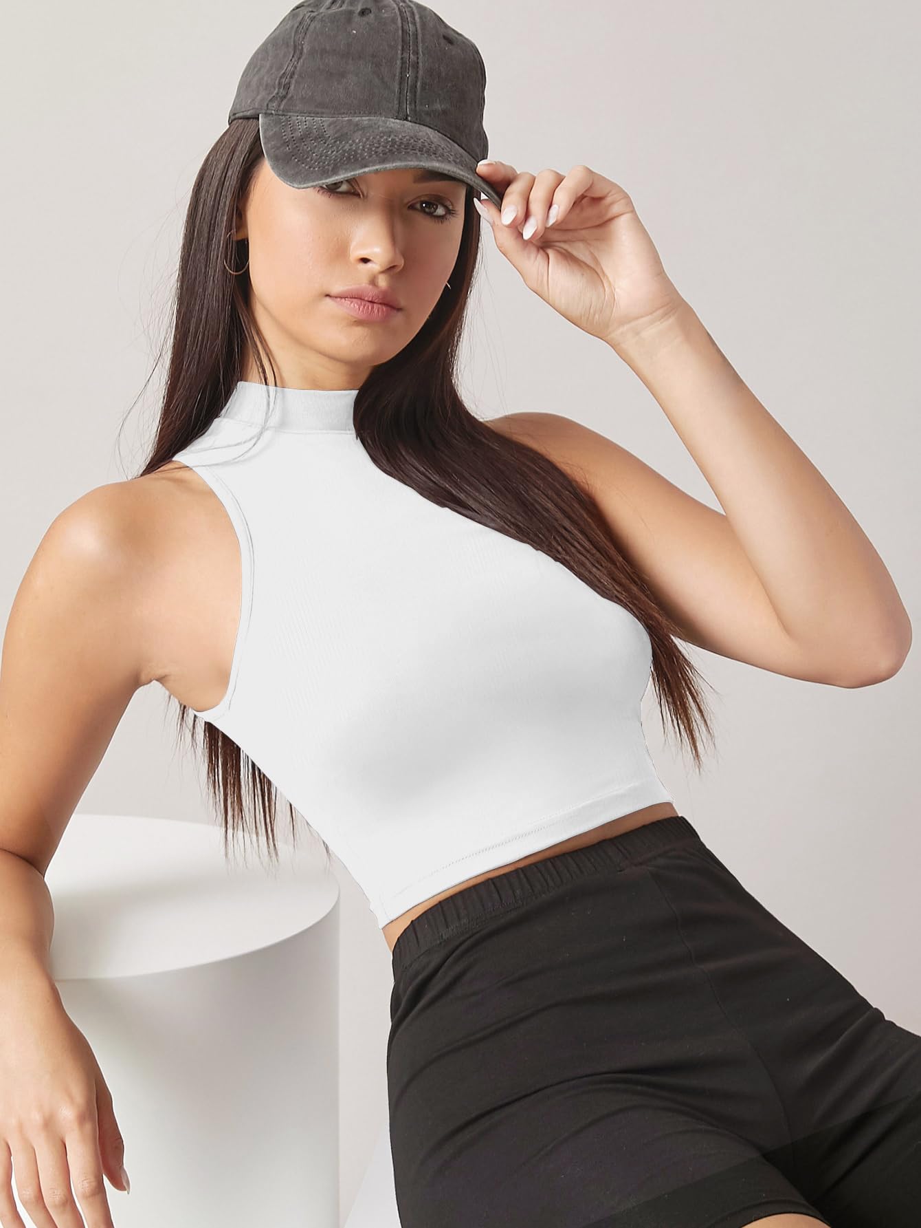 Sugathari Damski dziewczęcy top z wysokim dekoltem, prążkowany, Crop Tank Top (Top 37)