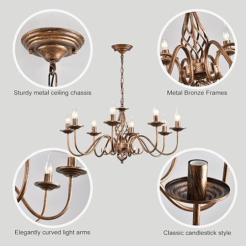 Miniatura 4 de Ganeed Candelabros rústicos de 8 luces, vela de bronce antiguo, lámpara de campo francés, colgante de hierro vintage, lámpara de techo colgante para