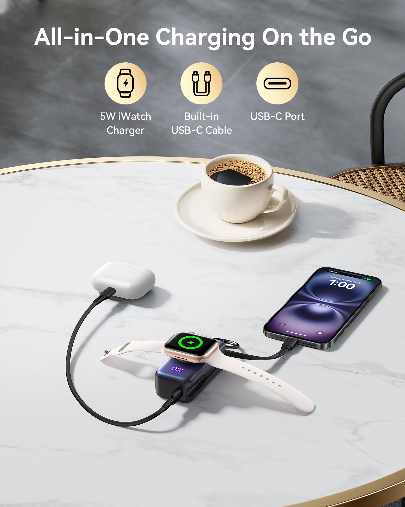 INIU Power Bank pour Apple Watch, Batterie Externe 5000 mAh avec câble intégré, Porte-clés de Voyage, écran LCD pour iWatch 10/9/8/Ultra2/Ultra/SE, iPhone 16/15, Blanc