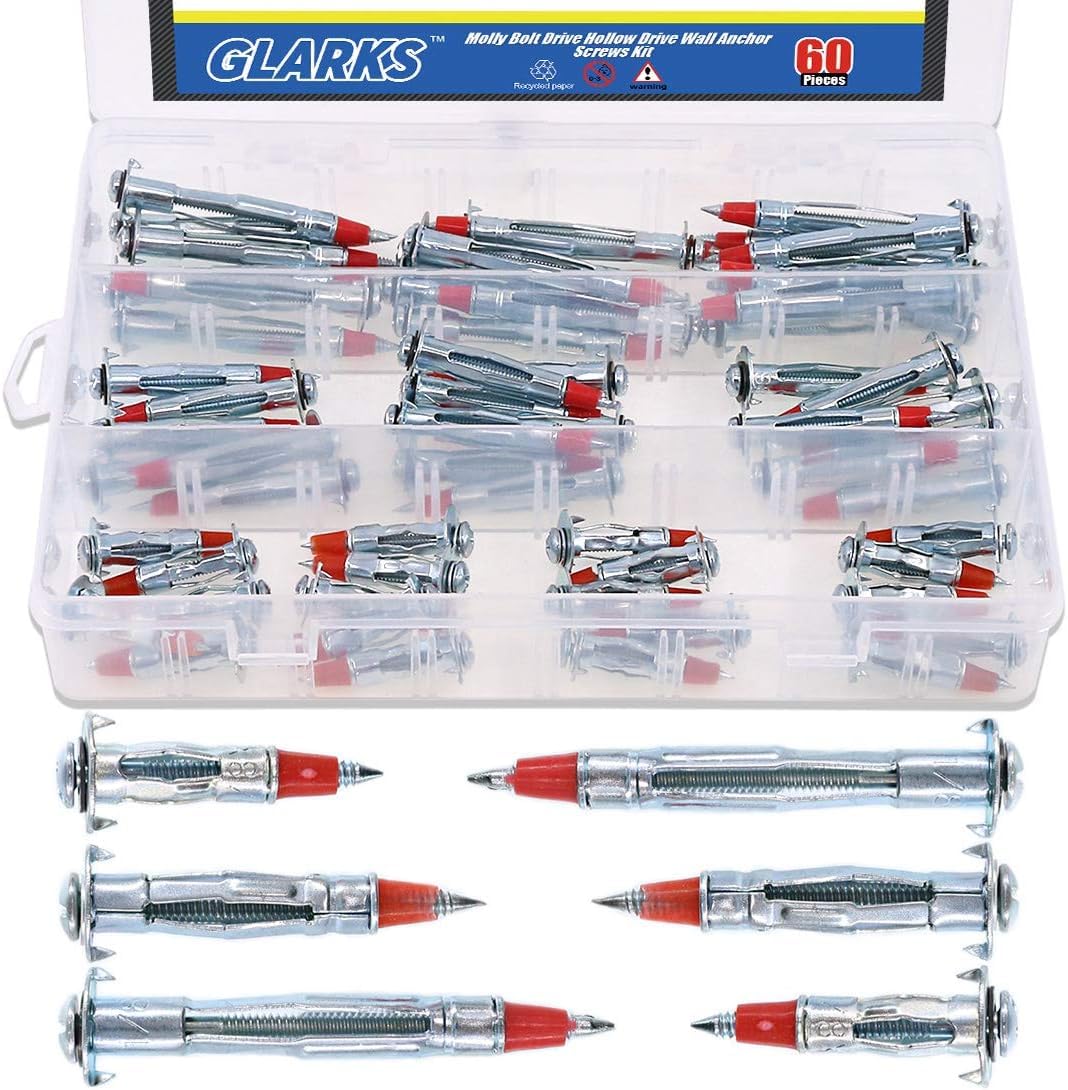Glarks 60Pcs Heavy Duty 1/8 inch 35/46/59mm Zinc Plated Steel Molly Bolt Drive Hollow Drive Wall Anchor Screws Assortment Kit