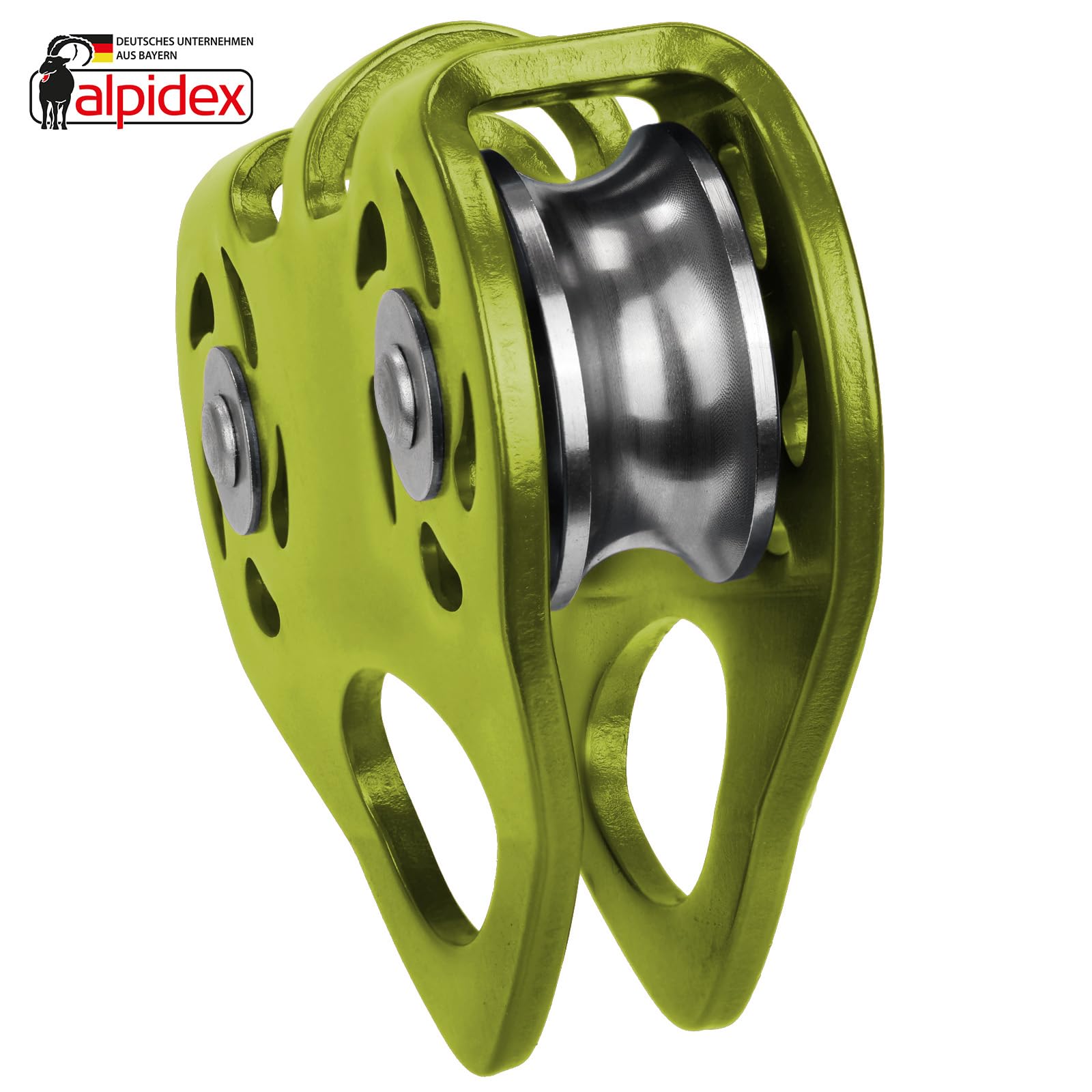 ALPIDEX Tandemrolle Seilrolle 20 kN | Umlenkrolle | Tandem Pulley | Norm EN12278 | Kugellager | Doppelte Rollen | Stahlseile bis 12 mm Ø | Textilseile bis 13 mm Ø | Doppelseilrolle - Farbe: Lime