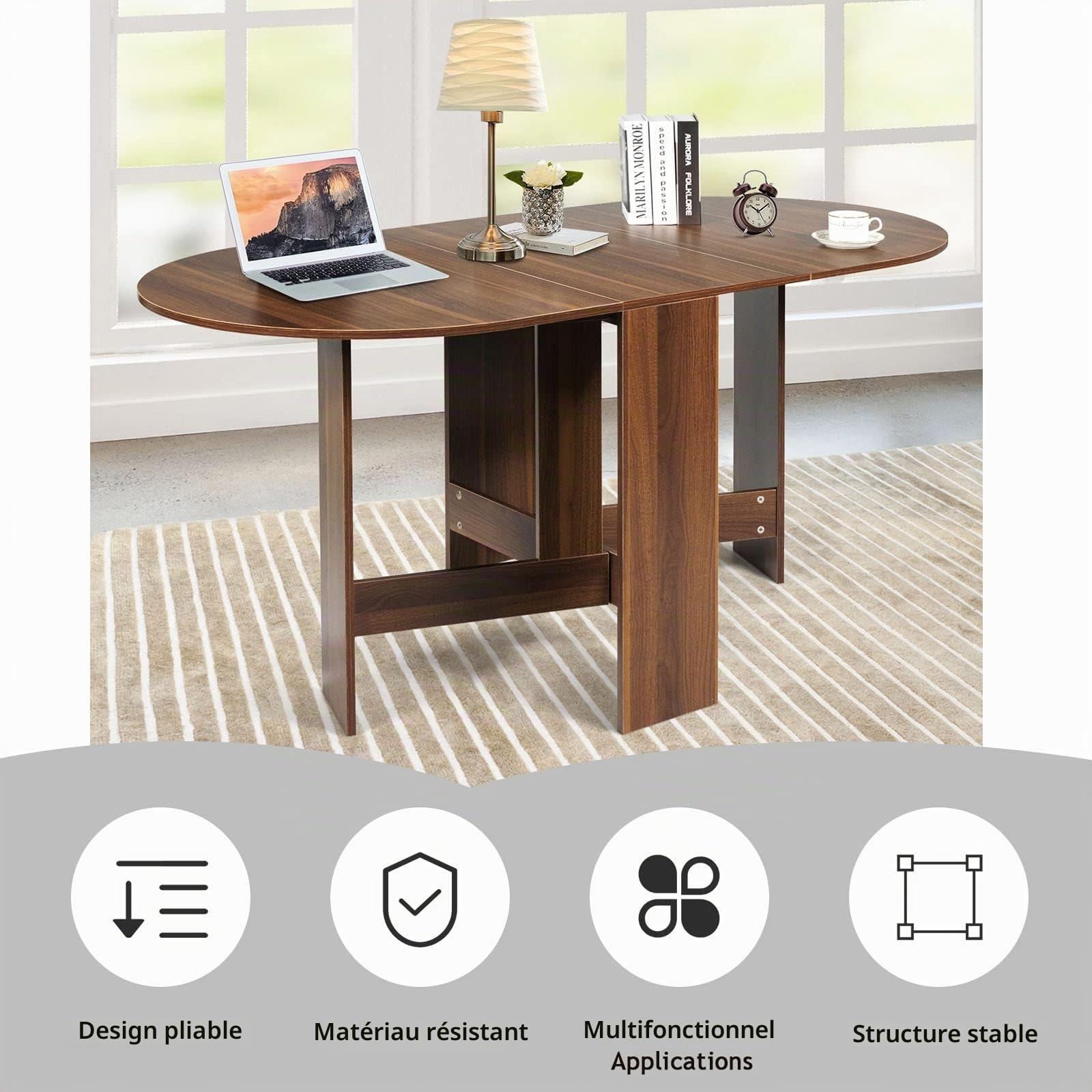 LIFEZEAL Table à Manger Pliable 163x80x75 cm, Table Cuisine Extensible en Bois Charge 60 kg, Marron Rétro, Intérieur Extérieur, Balcon, Salon, Bureau (Marron)