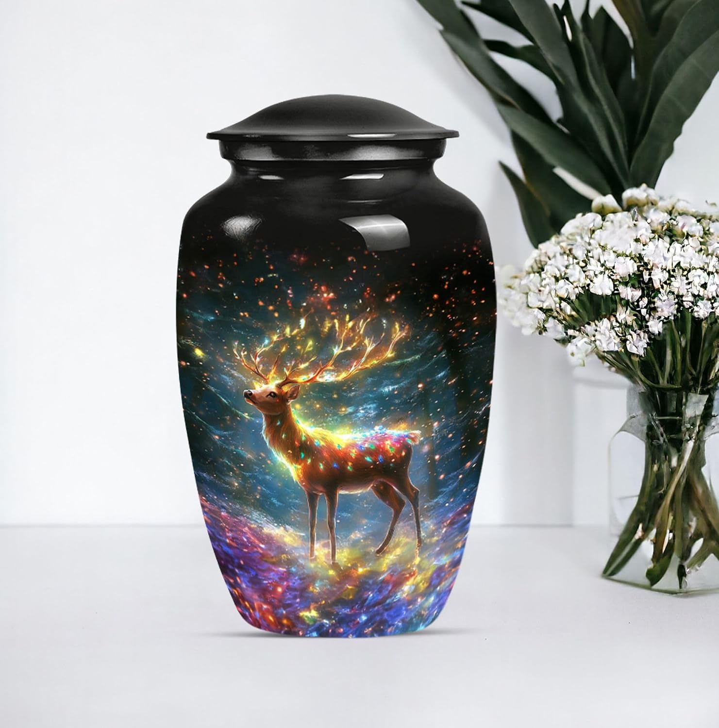 Deer Lighting Decorative Urn, Pack of 2 (10 Inch Urn & 3 Inch Urn), Urn for Human Ashes, Cremation Urn for Ashes Adult Male, Memorial Urn, Funeral Urn, Black Urn, Urns with Deer for Human