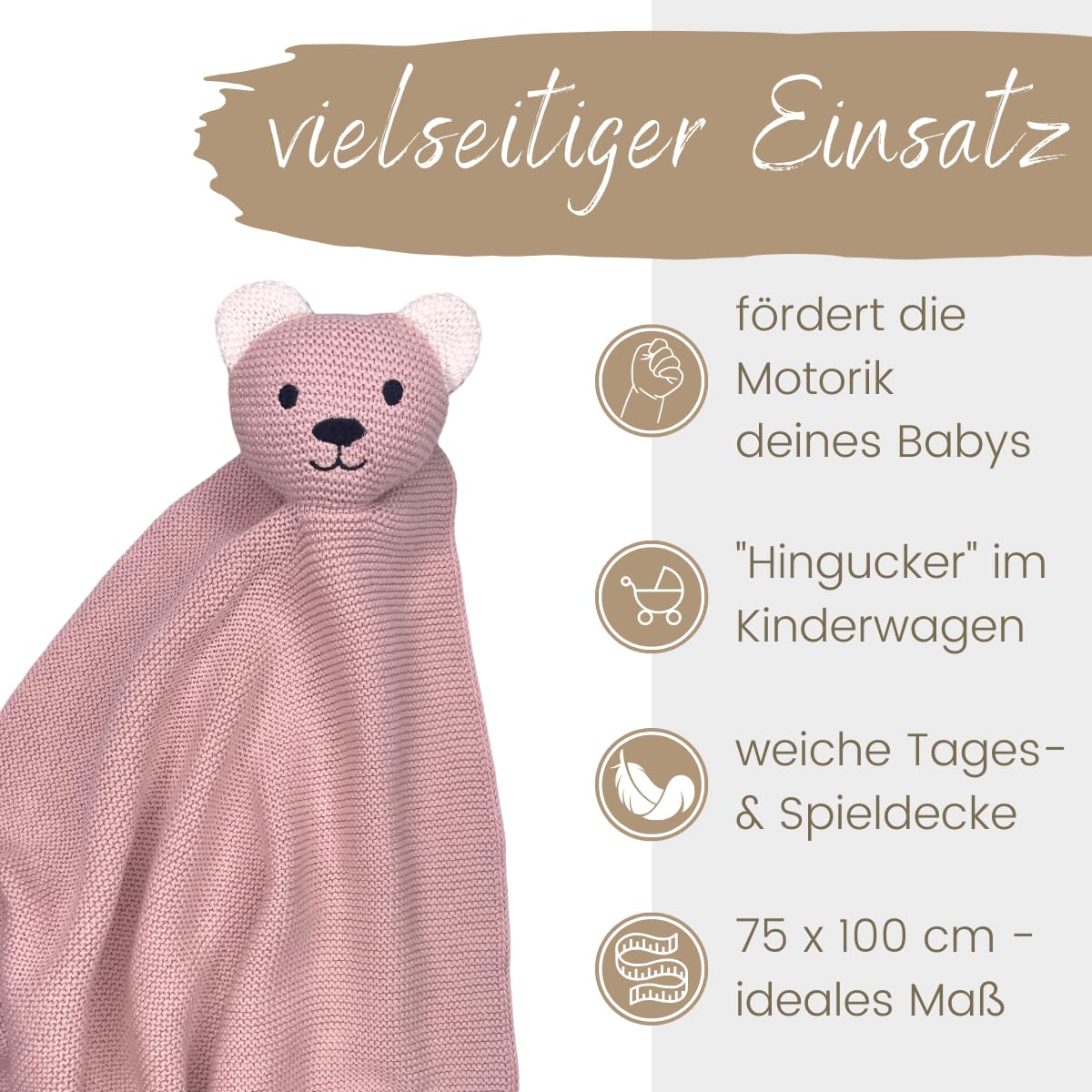 DIKOS Original Babydecke SCHMUSE-Bär (Altrosa) – Premium 2-in-1 Neugeborenen Kuscheldecke & Schmusetuch – aus weicher gestrickter Bio-Baumwolle (GOTS/Oeko-TEX) – Geschenk zur Geburt für Baby Mädchen