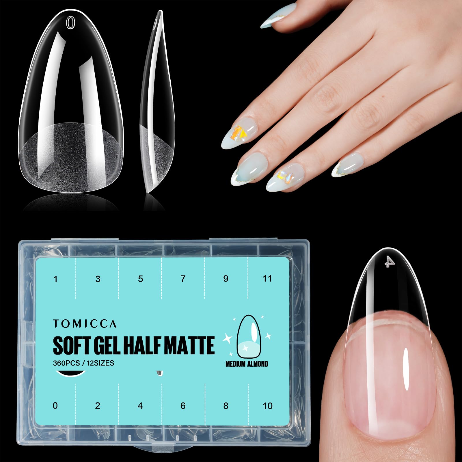Medium Almond Nail Tips, 360PCS Clear Half Matte Full Cover for Extensions, Pre-Buff No File Traceless for Nail Art Salon and Home DIY, 12 Sizes