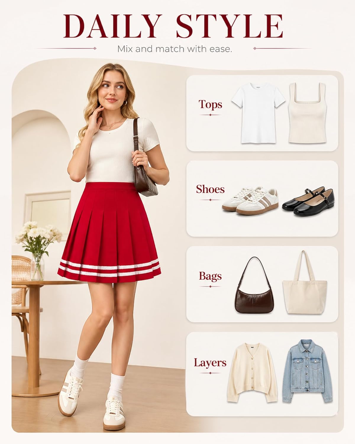Shestellar Women Pleated Mini Skirt High Waisted A-Line Stretchy School Uniform Cheerleader Skater Style